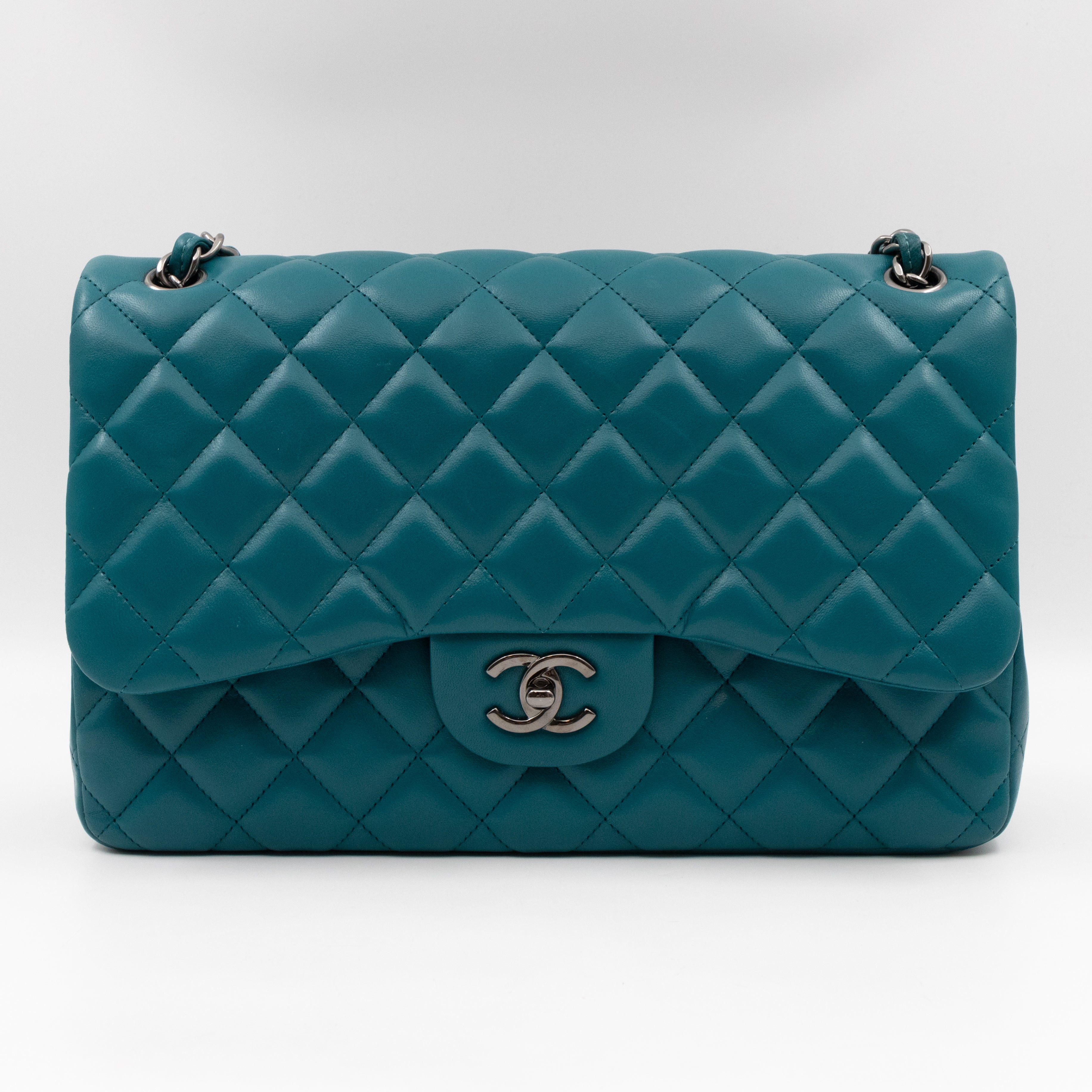 Classic Double Flap Jumbo Turquoise Lambskin Silver