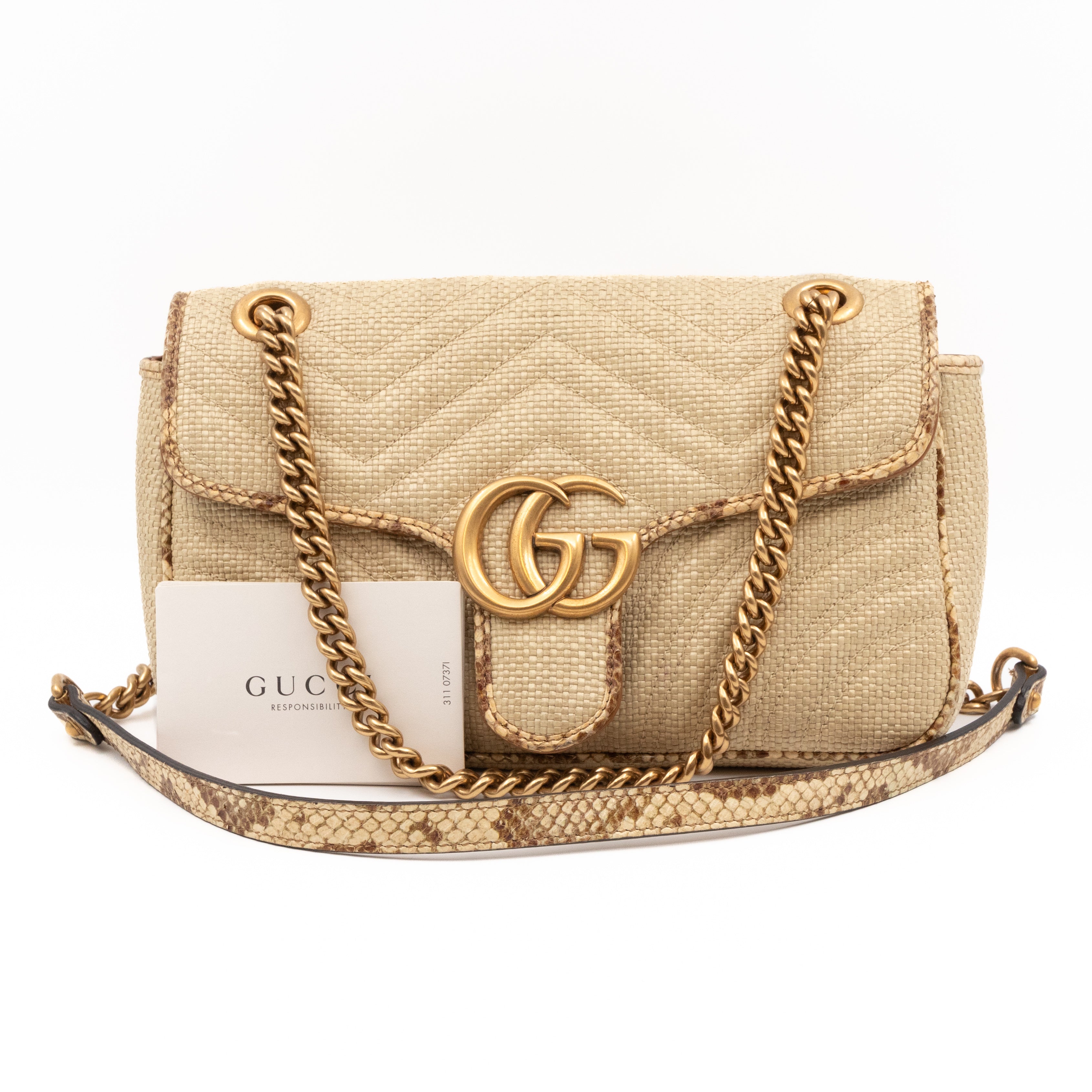 GG Marmont Small Flap Bag Natural Matelasse Raffia & Snakeskin
