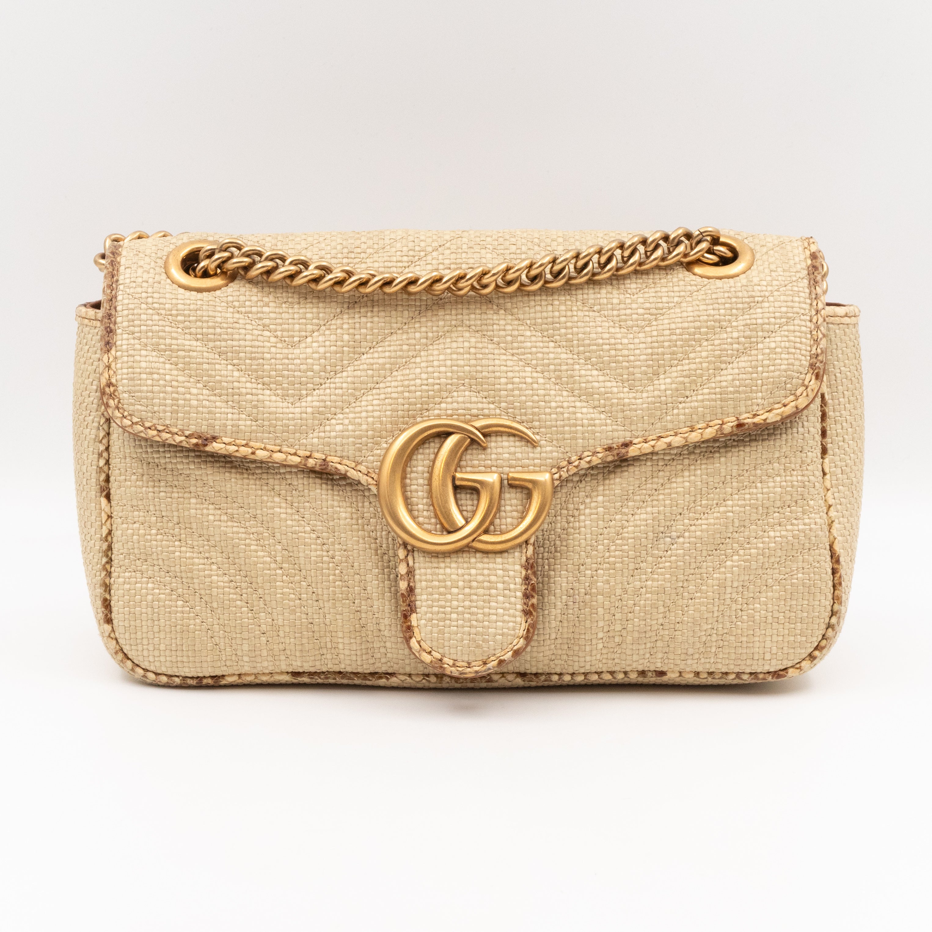 GG Marmont Small Flap Bag Natural Matelasse Raffia & Snakeskin