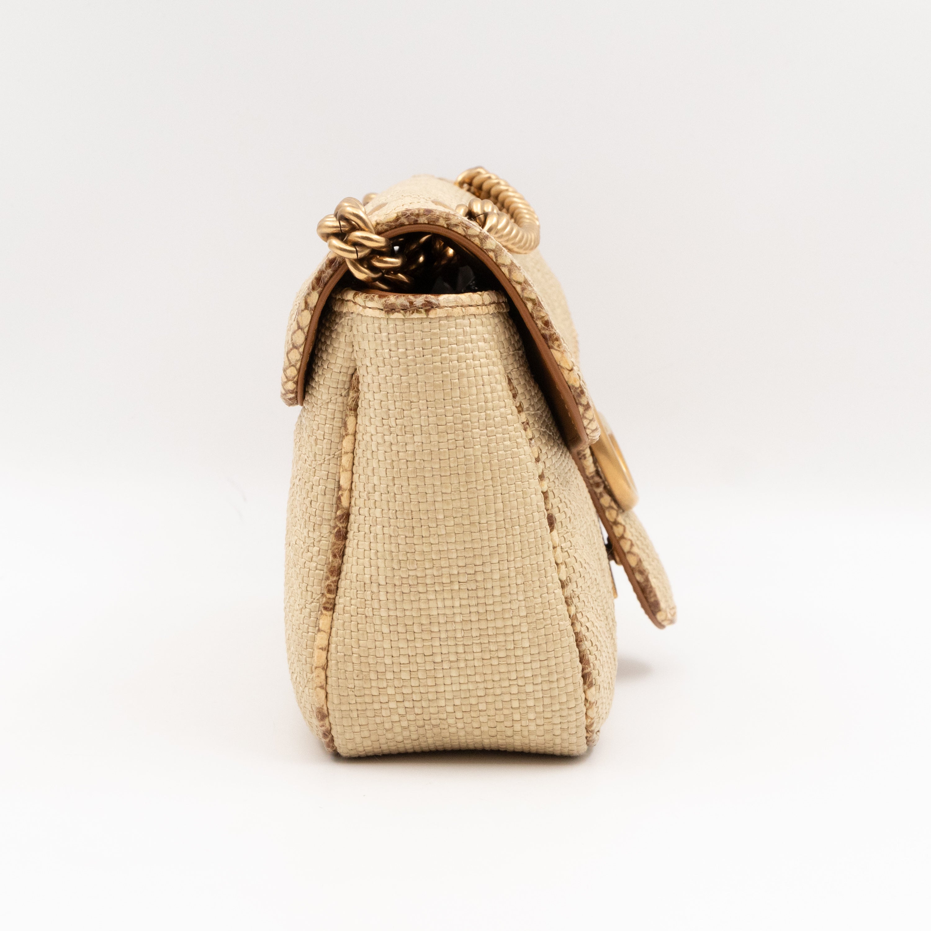 GG Marmont Small Flap Bag Natural Matelasse Raffia & Snakeskin