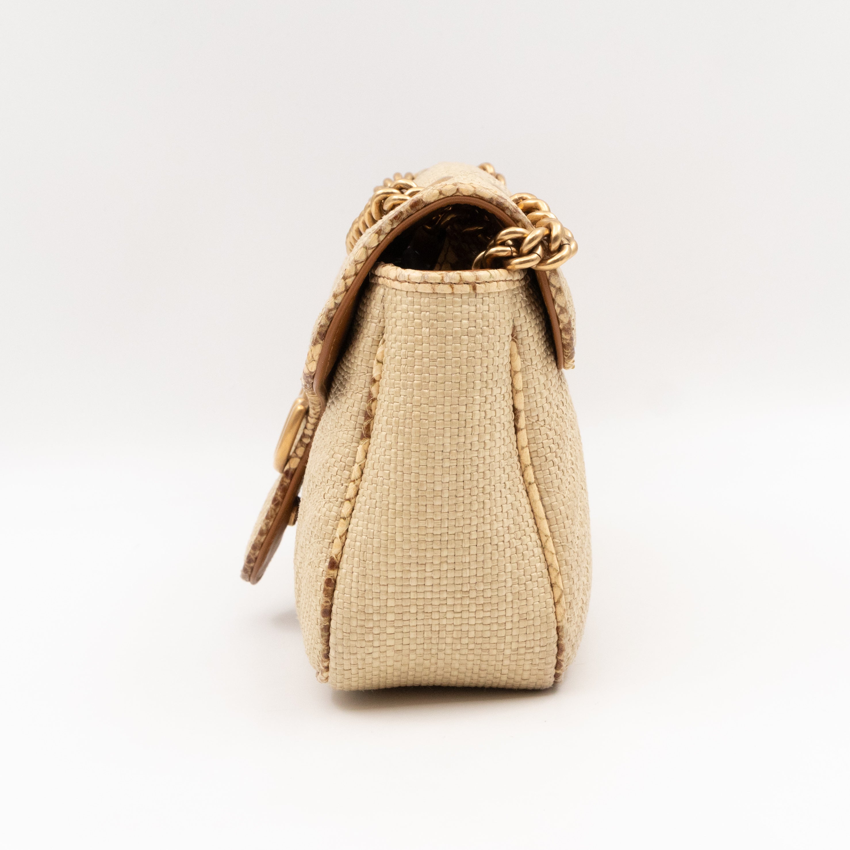 GG Marmont Small Flap Bag Natural Matelasse Raffia & Snakeskin