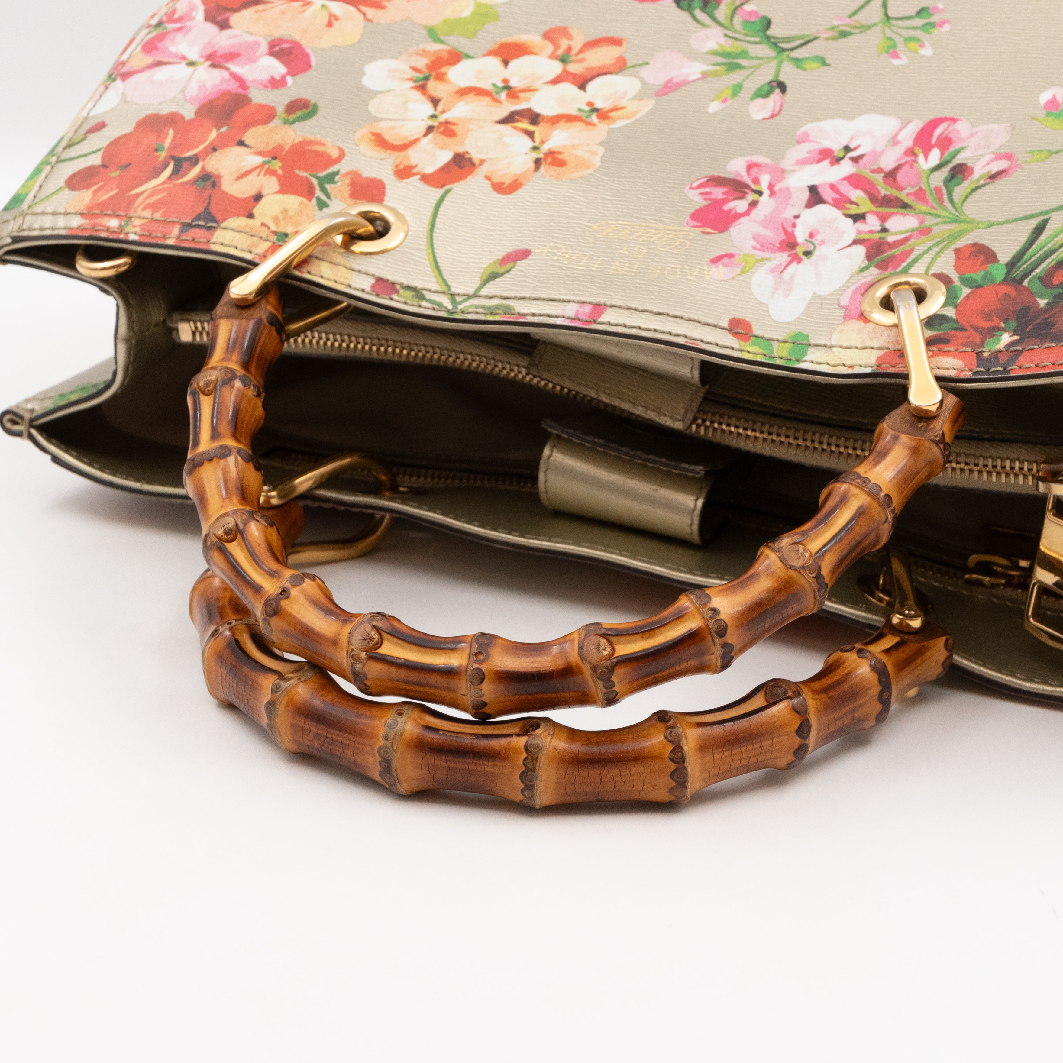 Bamboo Shopper Tote Champagne Leather with Floral Print