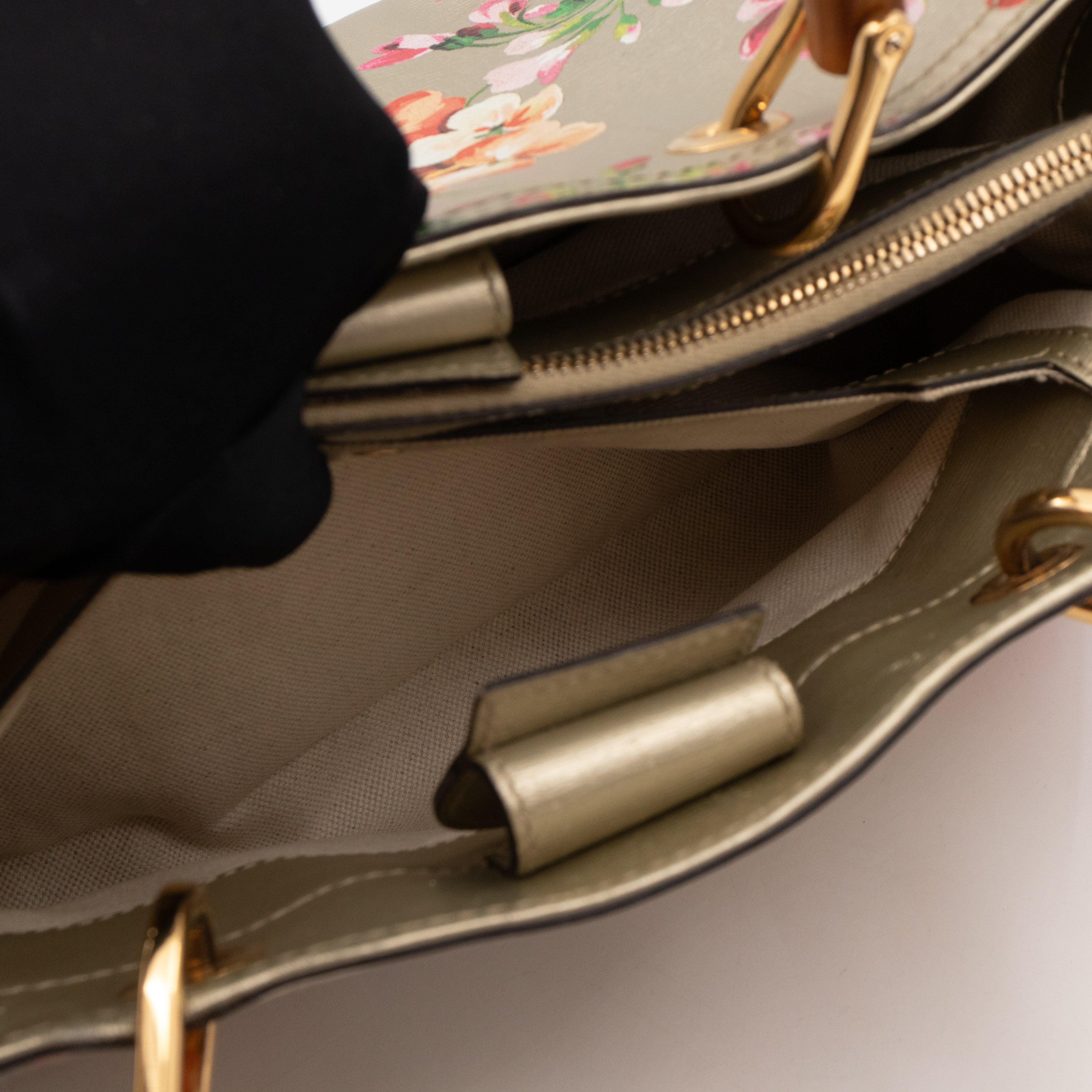 Bamboo Shopper Tote Champagne Leather with Floral Print