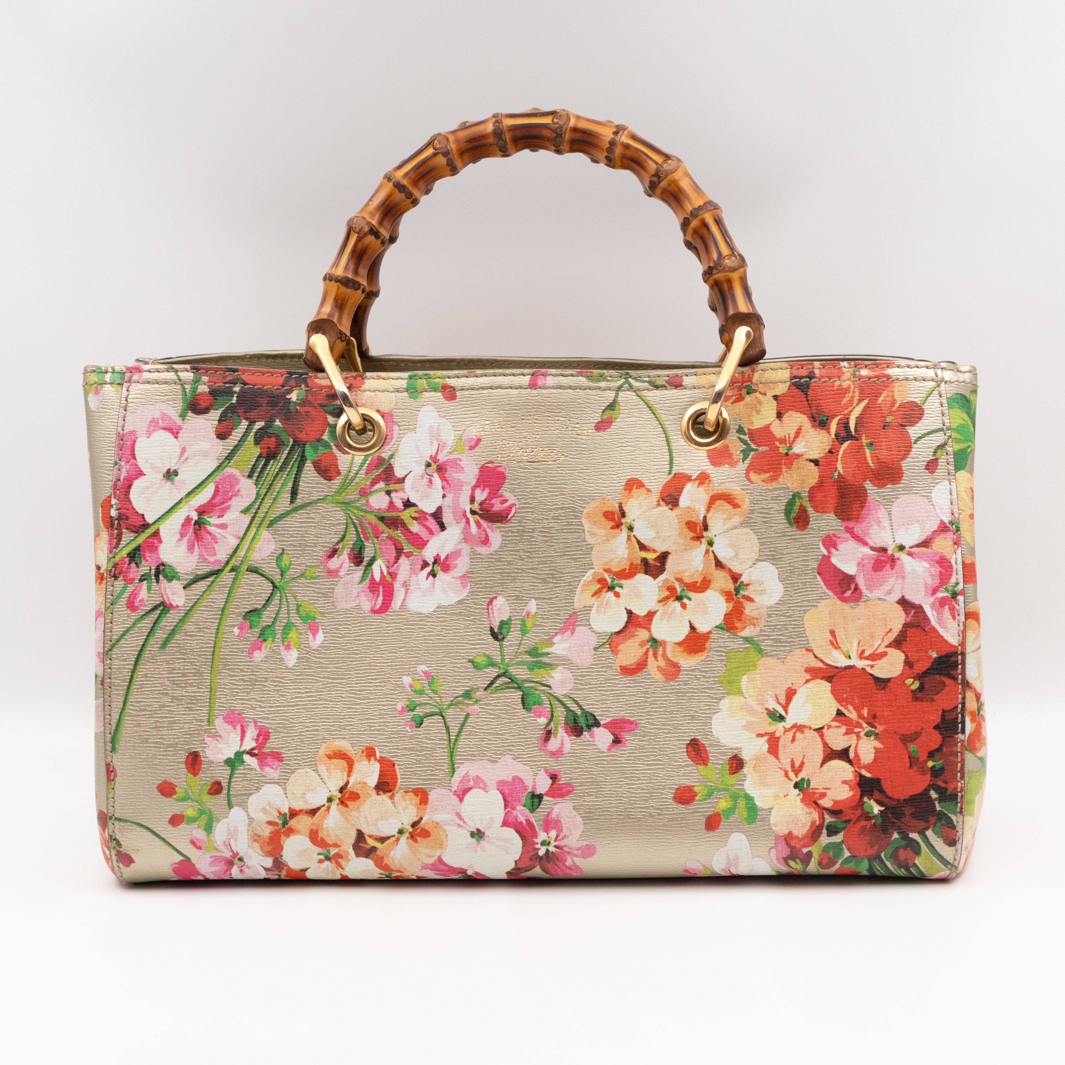 Bamboo Shopper Tote Champagne Leather with Floral Print