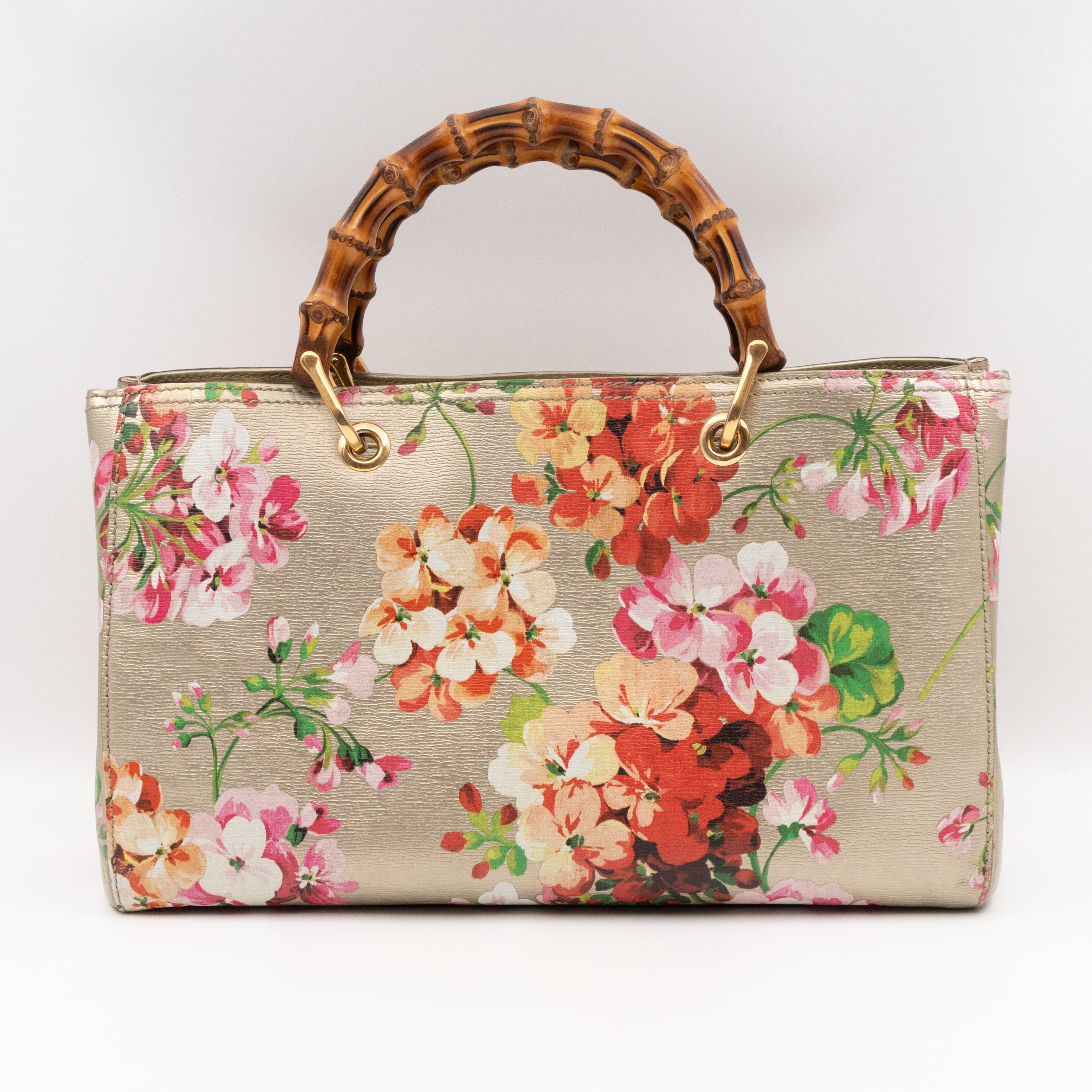 Bamboo Shopper Tote Champagne Leather with Floral Print