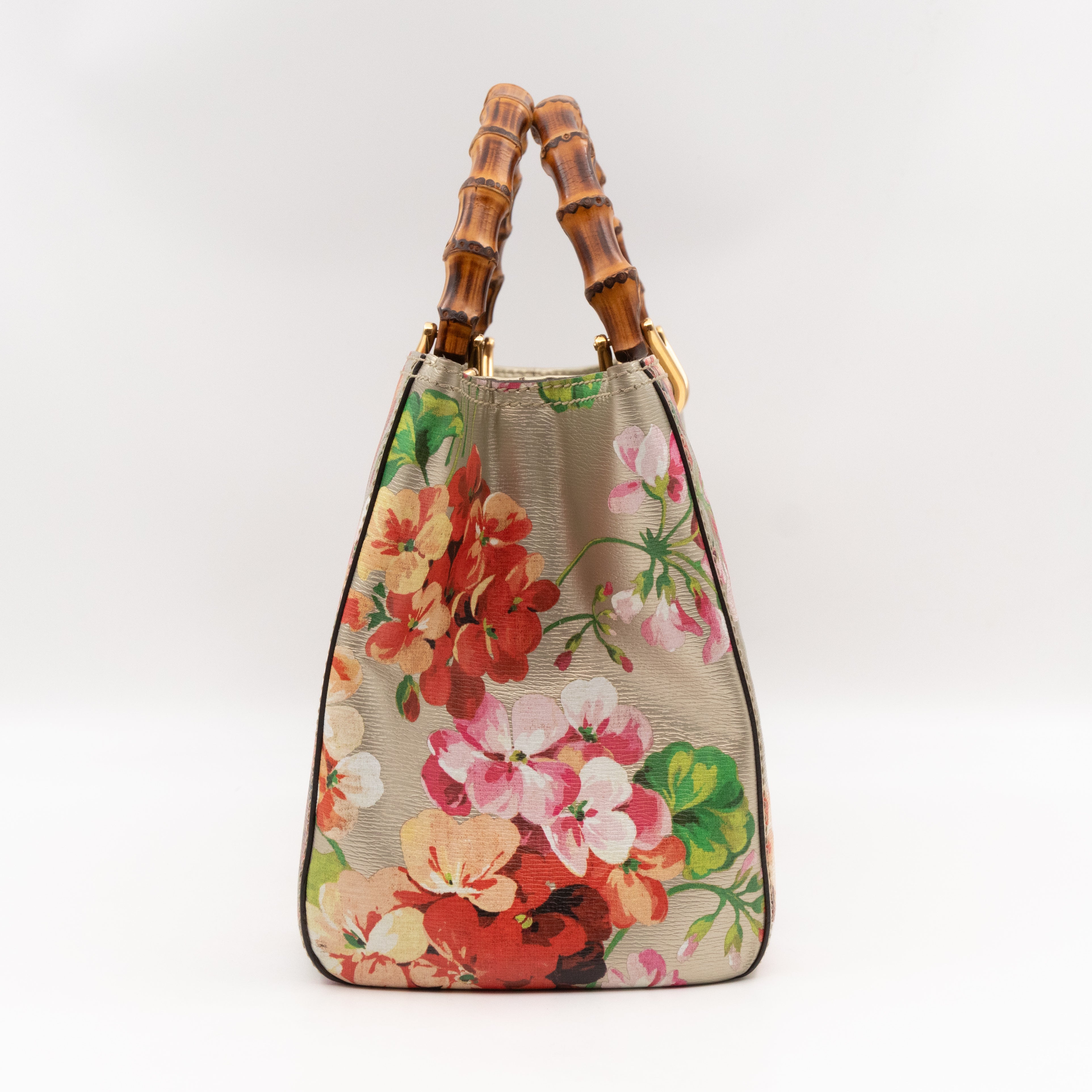 Bamboo Shopper Tote Champagne Leather with Floral Print