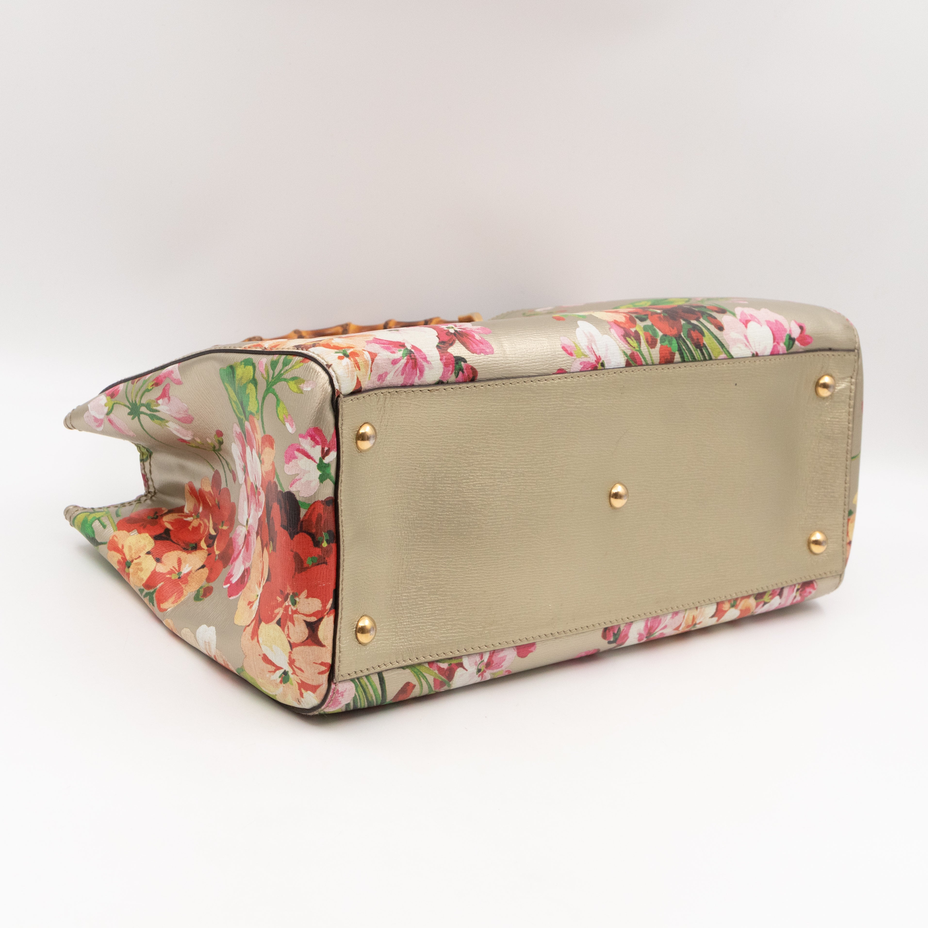 Bamboo Shopper Tote Champagne Leather with Floral Print