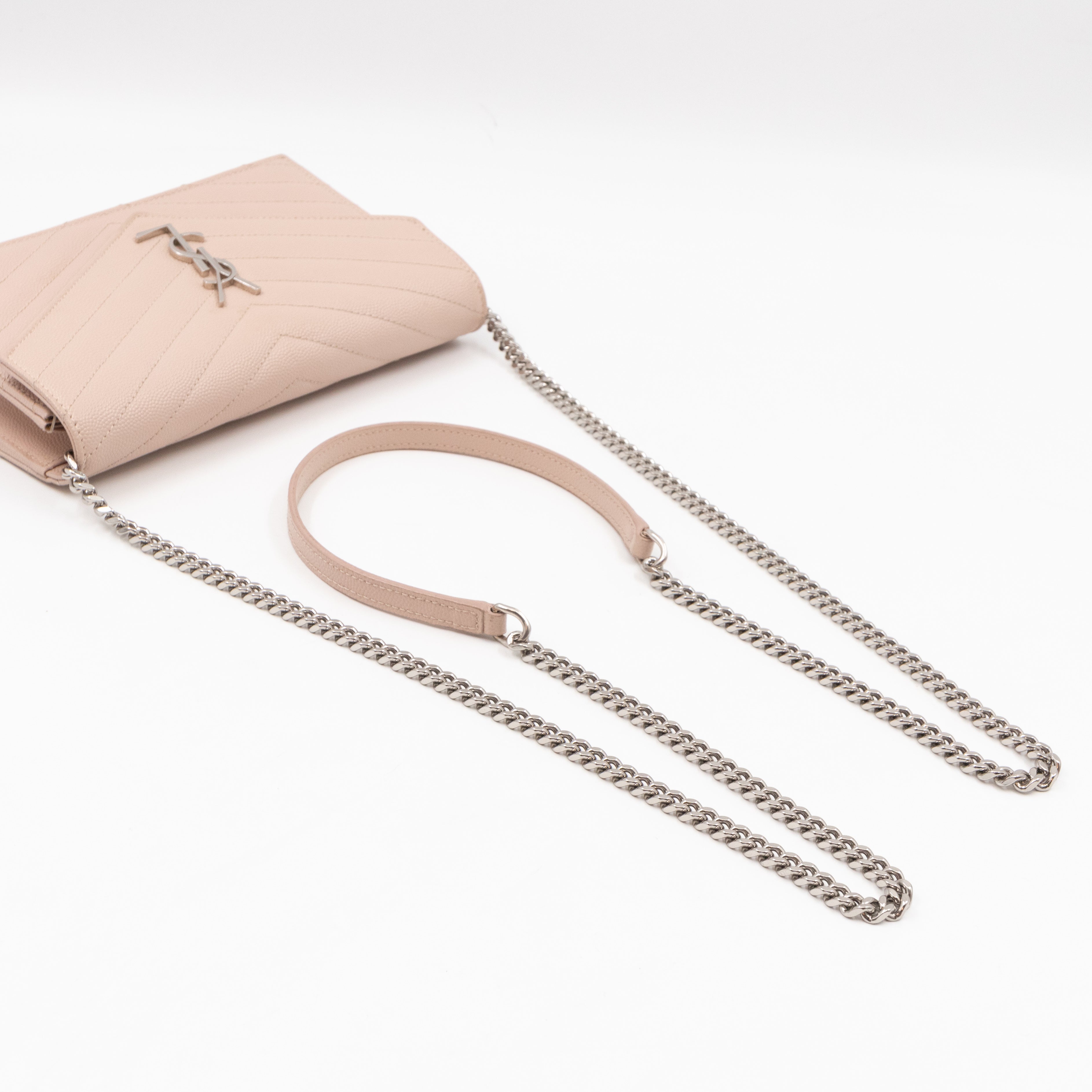 Cassandre Envelope Chain Wallet Rose Beige Grained Leather