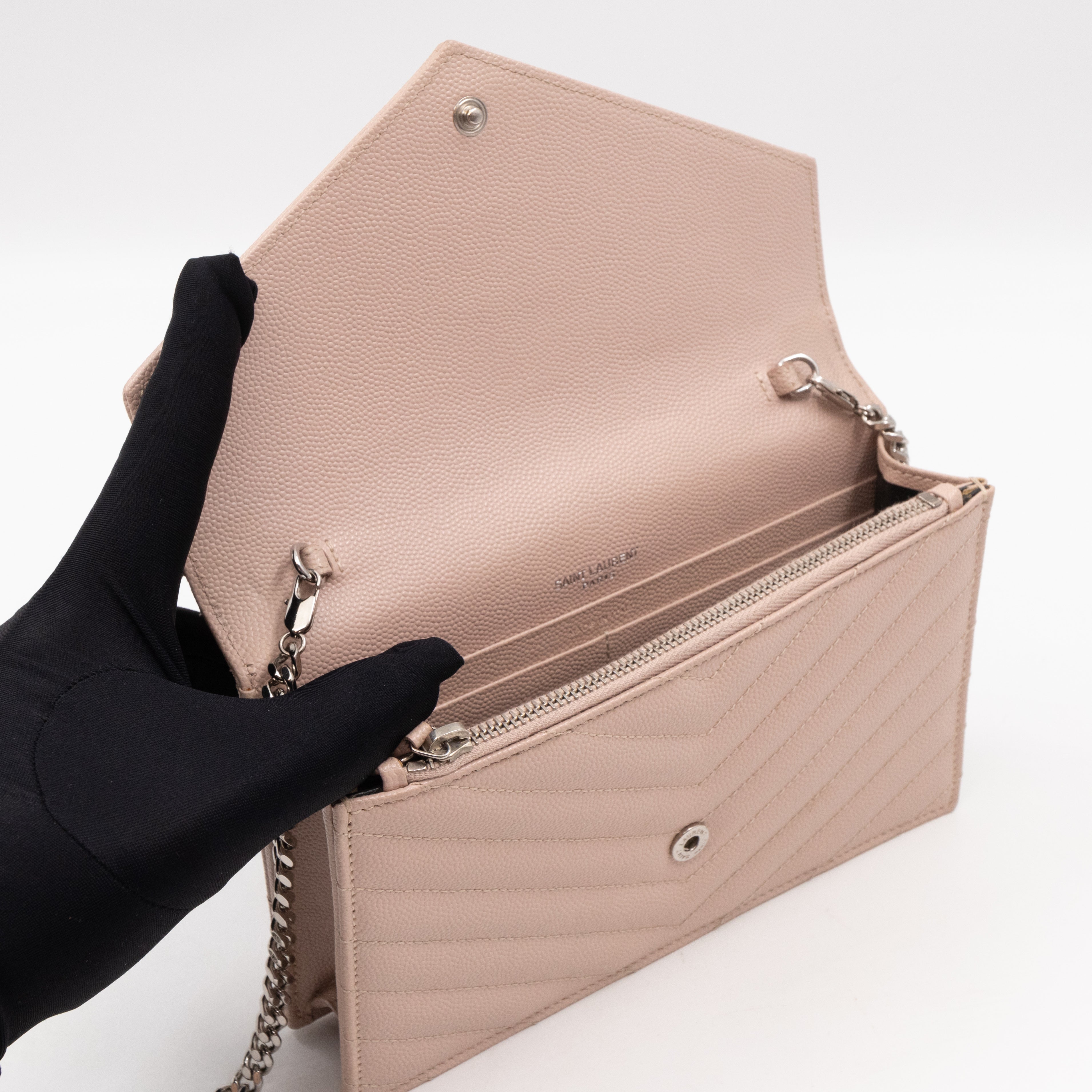 Cassandre Envelope Chain Wallet Rose Beige Grained Leather