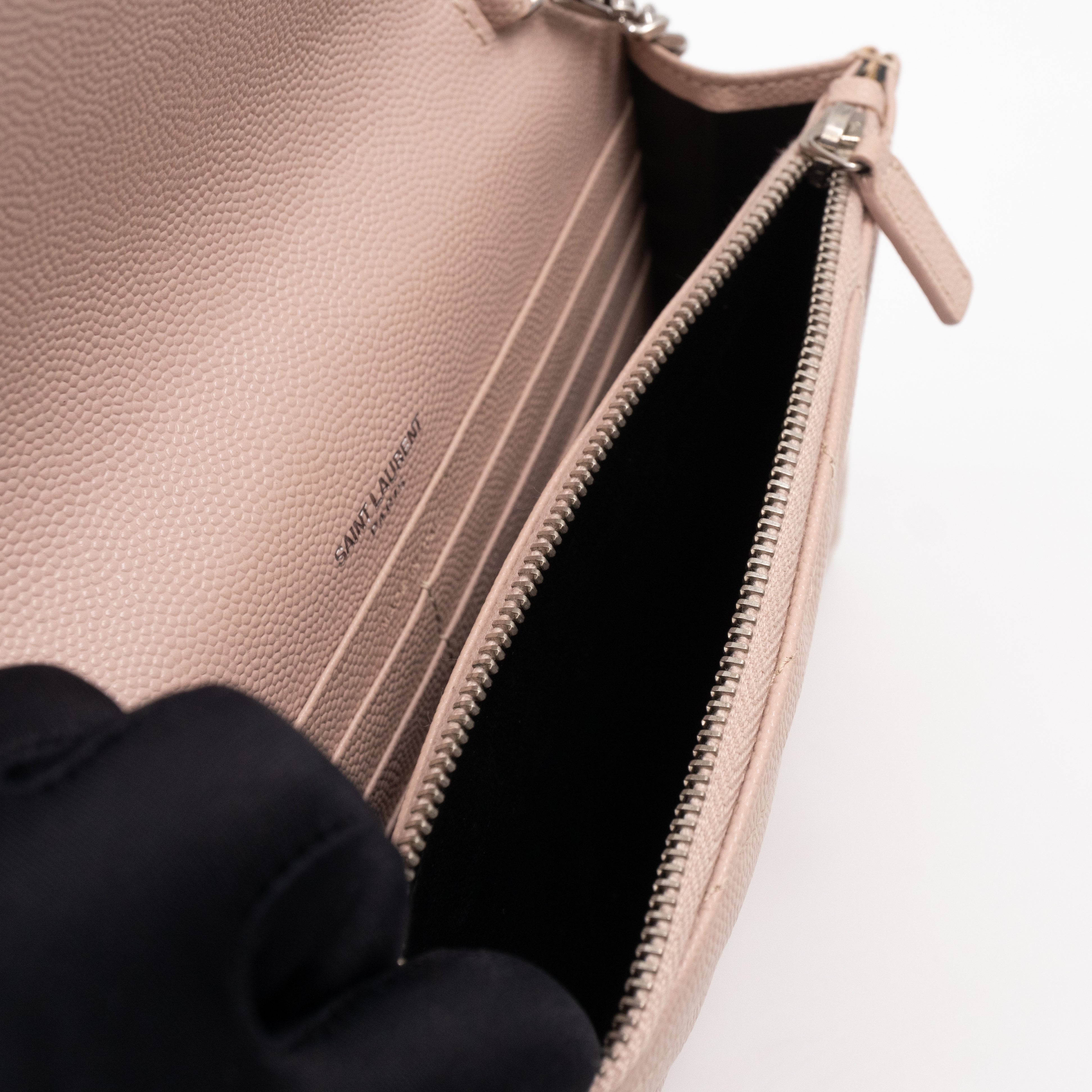 Cassandre Envelope Chain Wallet Rose Beige Grained Leather