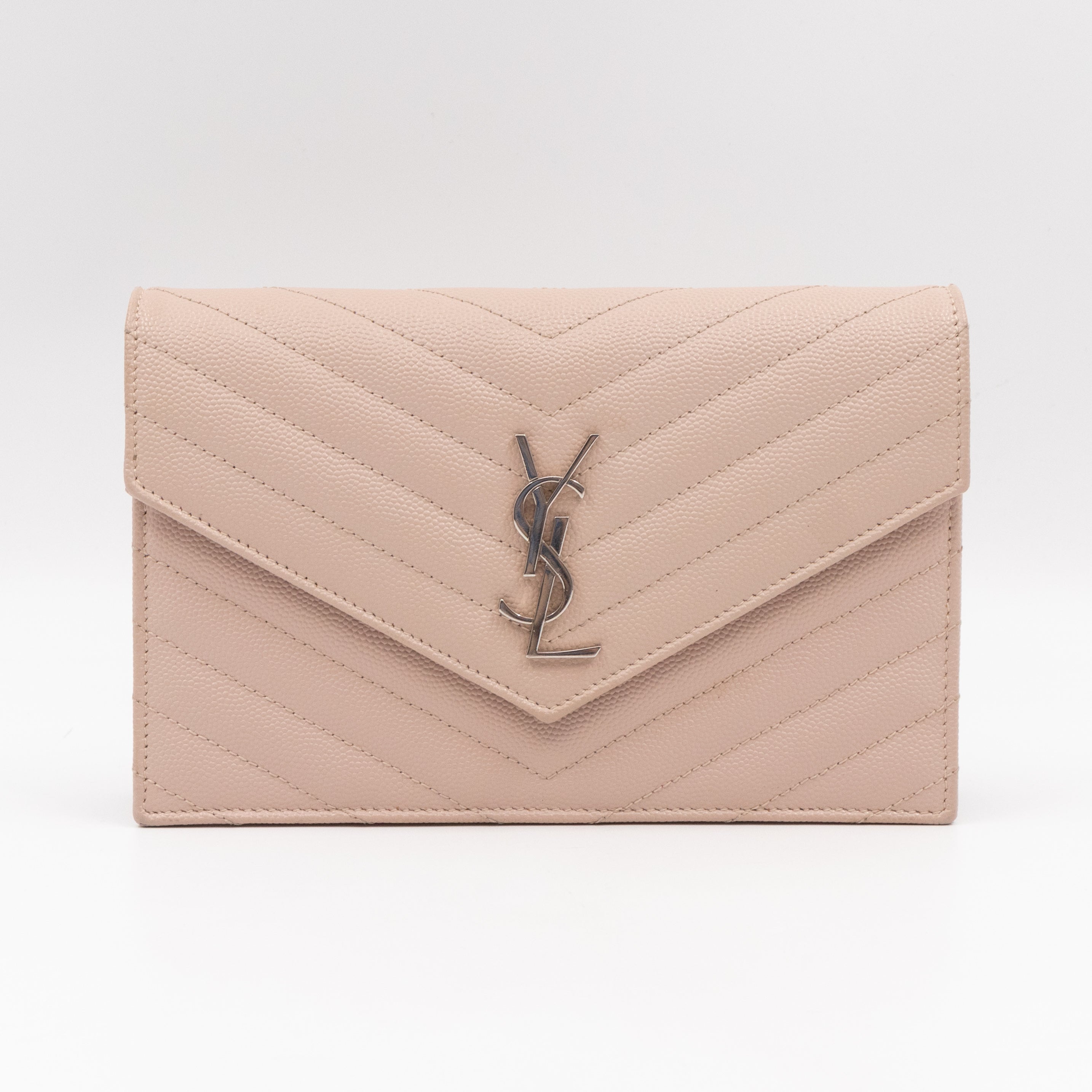 Cassandre Envelope Chain Wallet Rose Beige Grained Leather