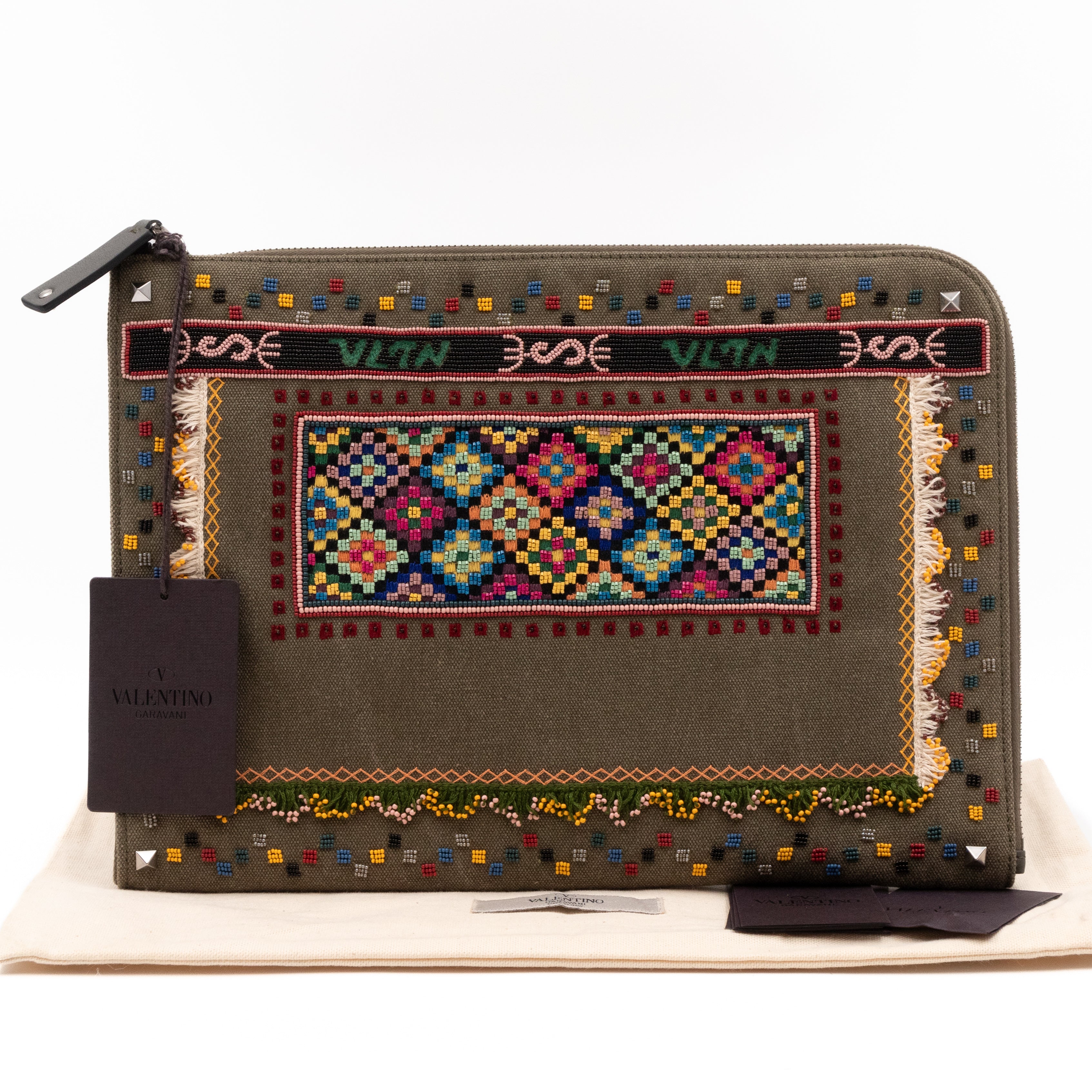 Document Holder Military Green Bordado Beads
