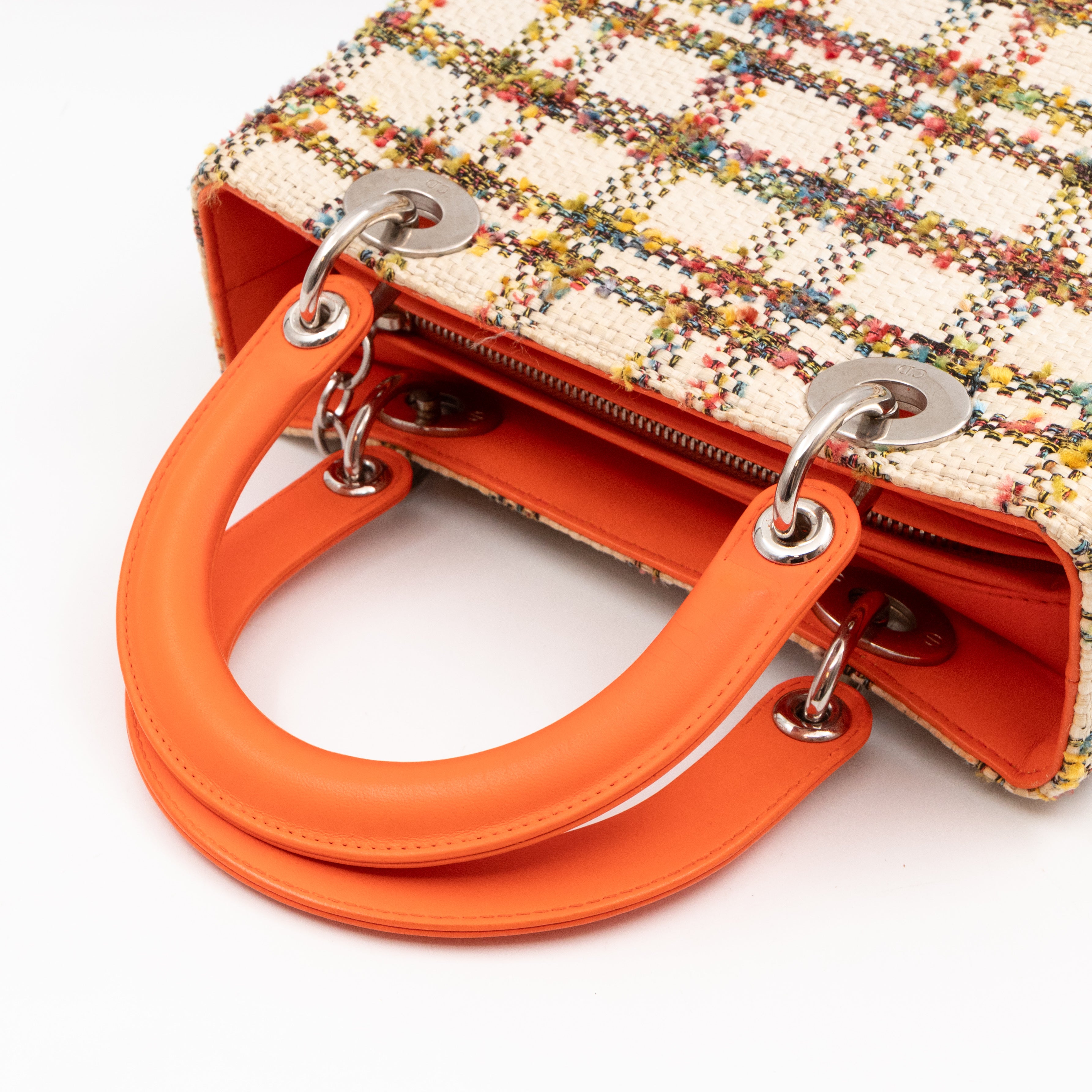 Lady Dior Medium Cream Raffia Tweed Orange Leather
