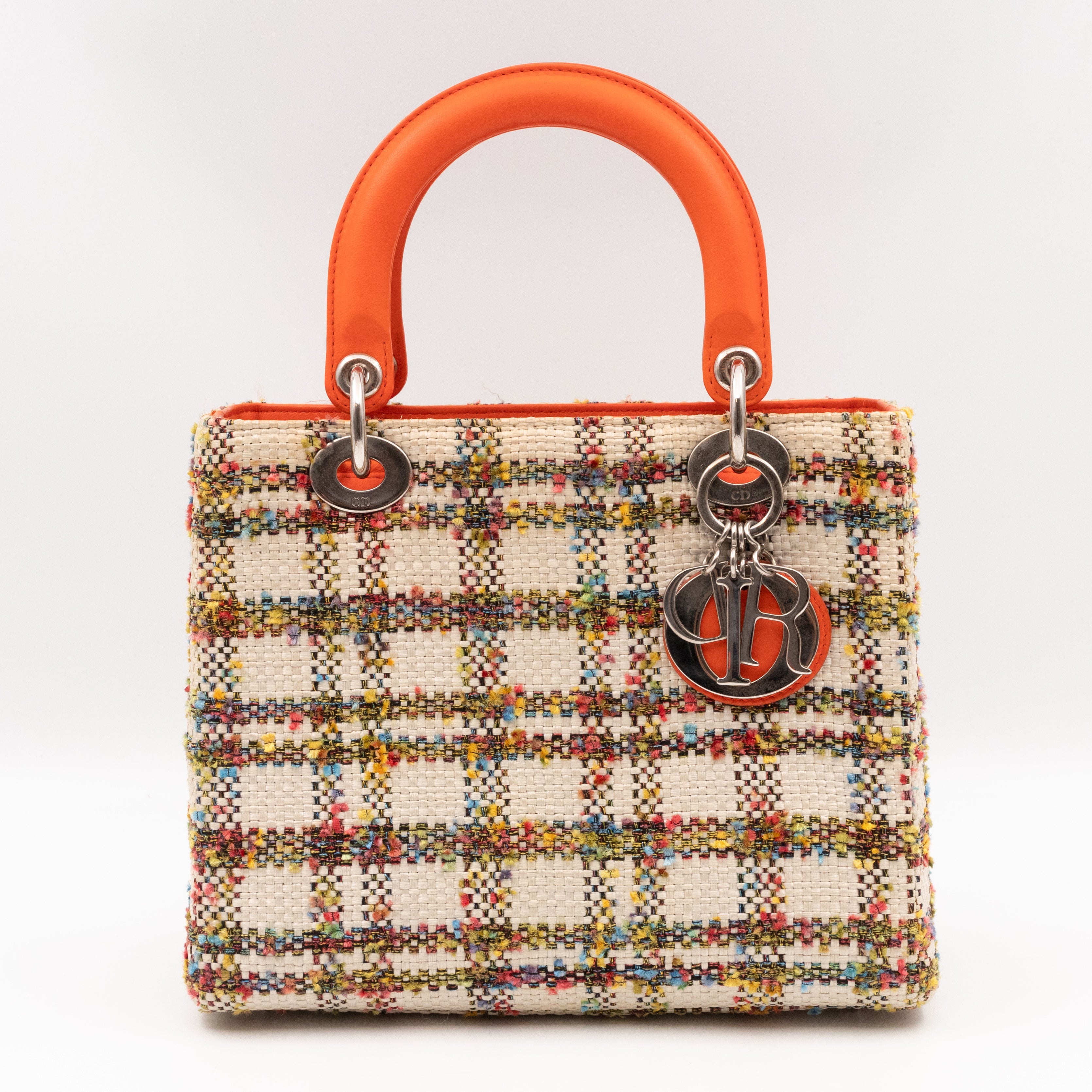 Lady Dior Medium Cream Raffia Tweed Orange Leather