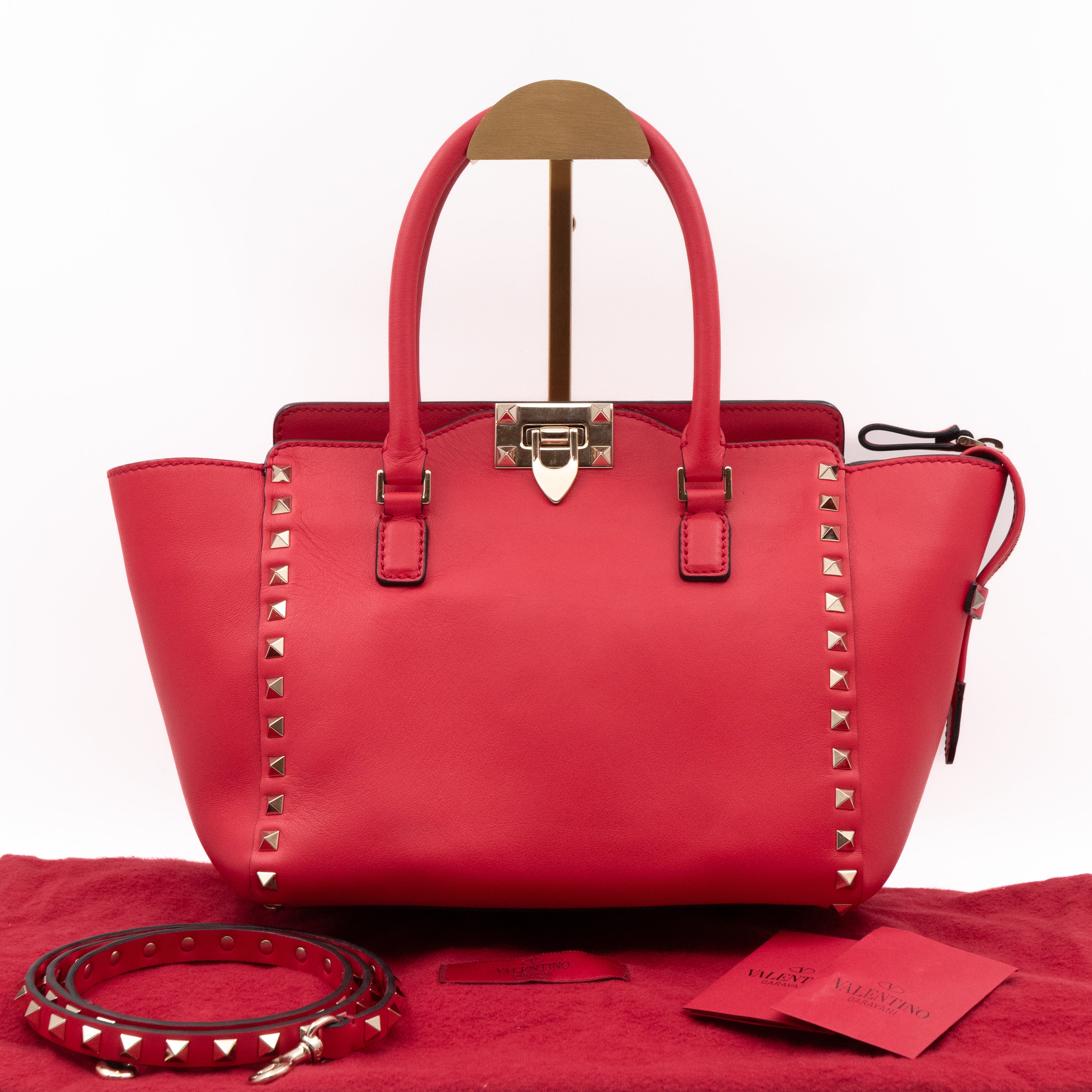 Double Handle Rockstud Tote Bag Red Leather