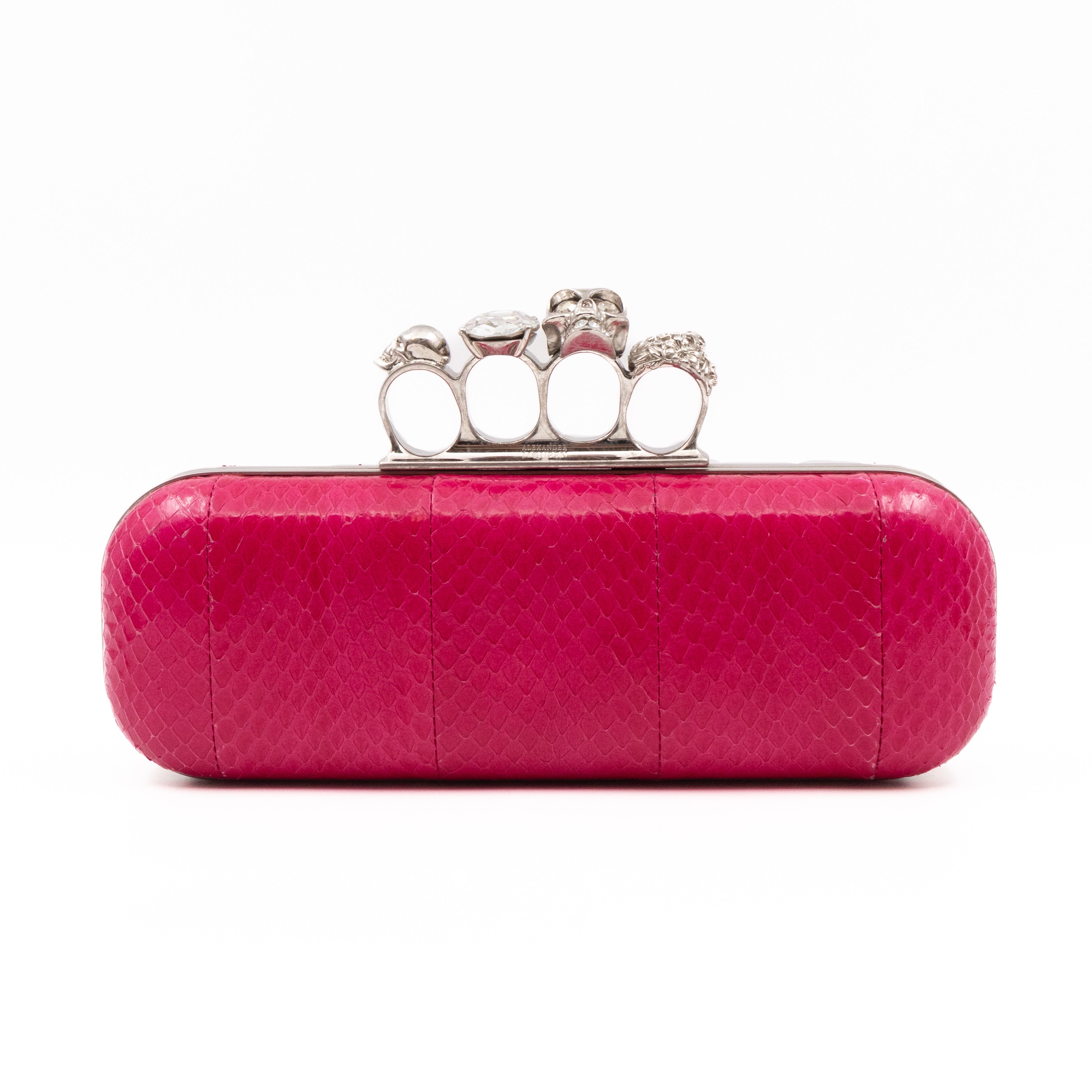 Long Skull Knuckle Clutch Pink Python Leather