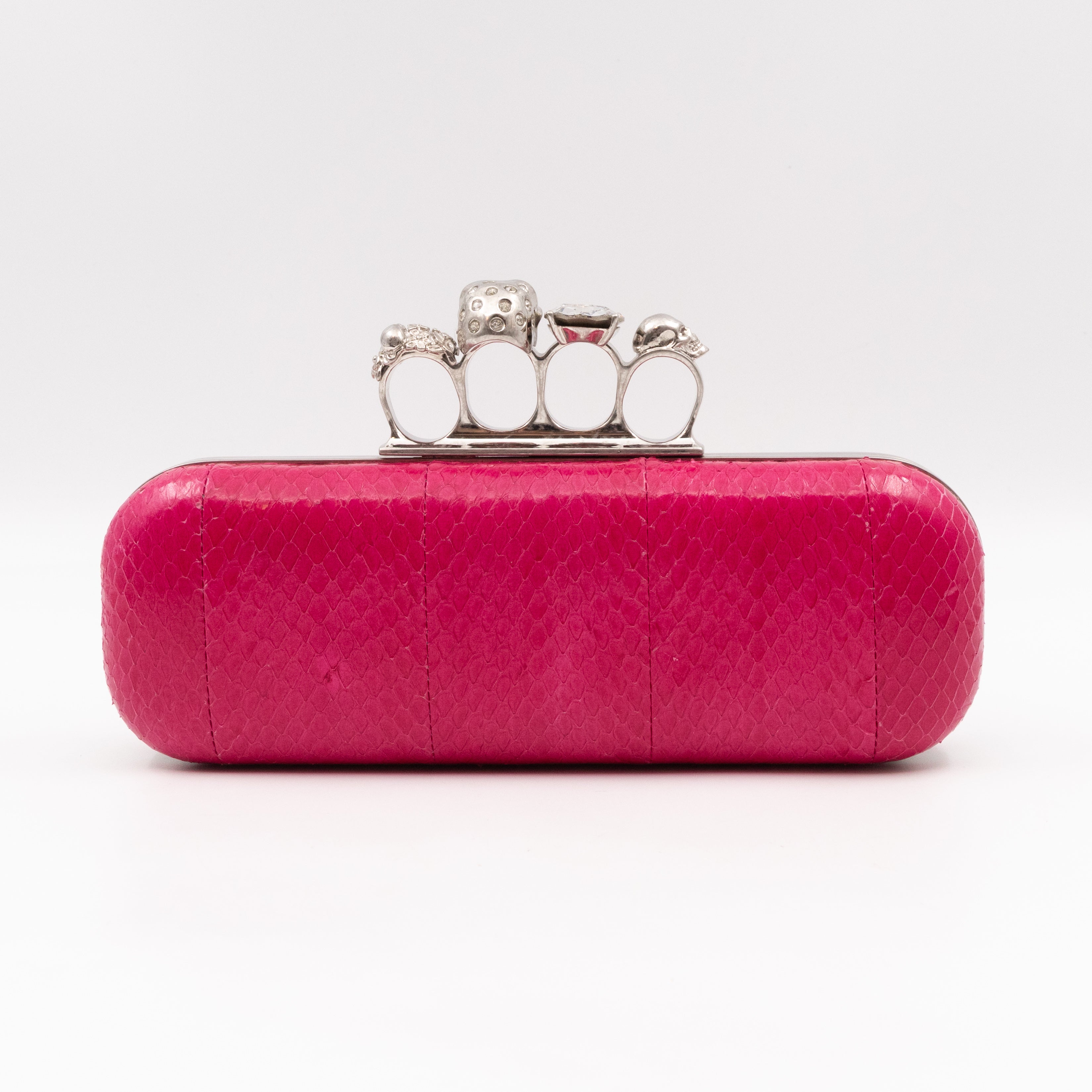 Long Skull Knuckle Clutch Pink Python Leather