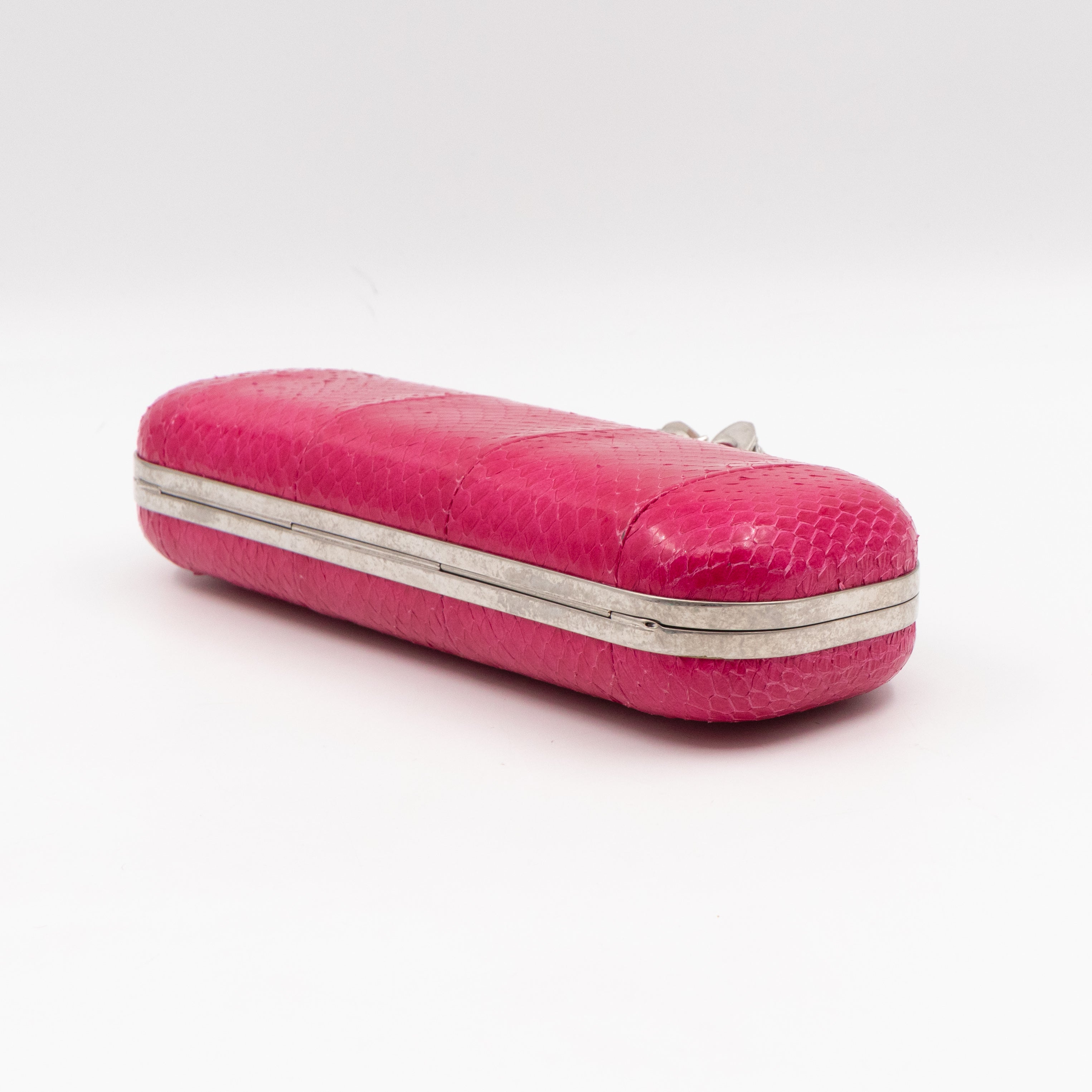 Long Skull Knuckle Clutch Pink Python Leather