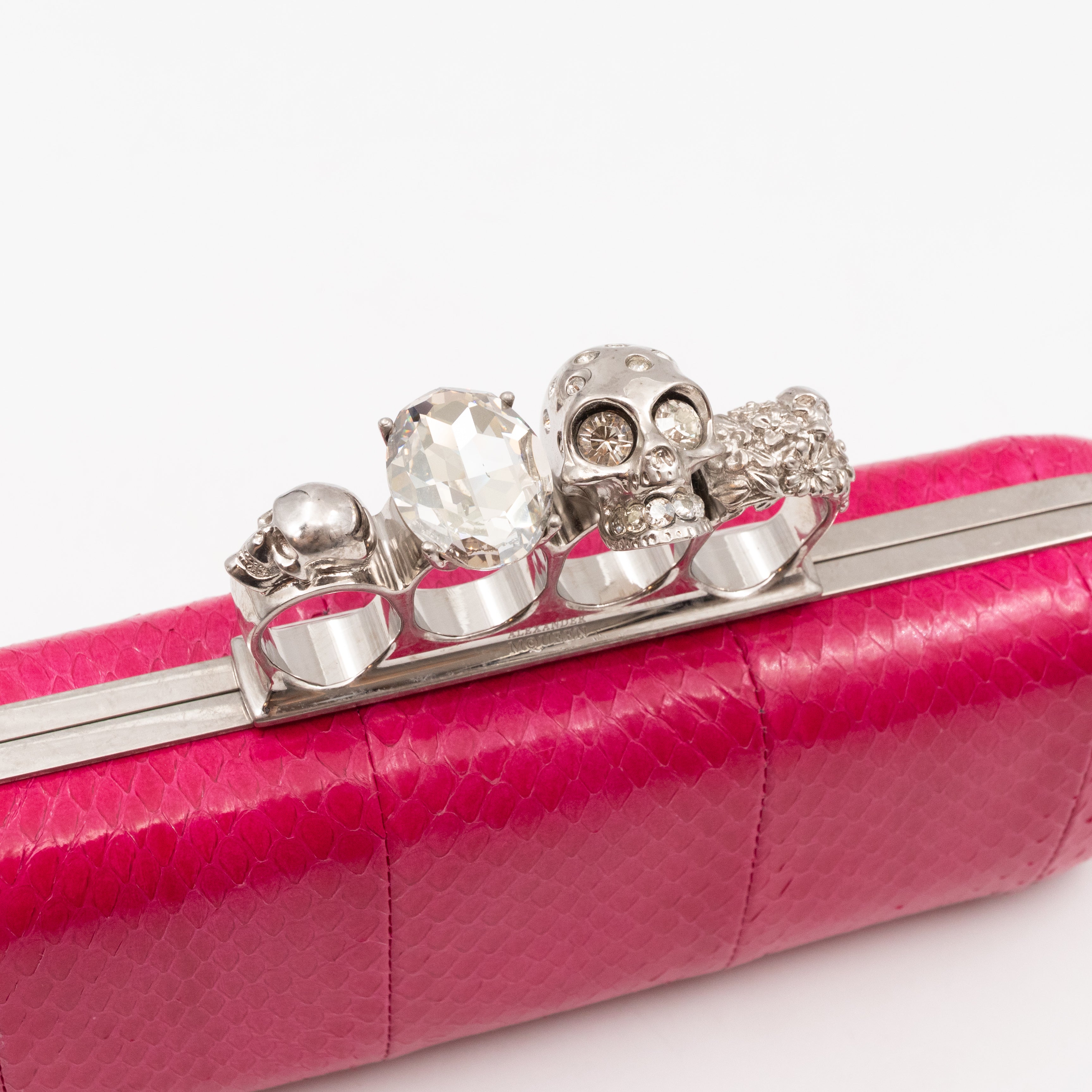 Long Skull Knuckle Clutch Pink Python Leather