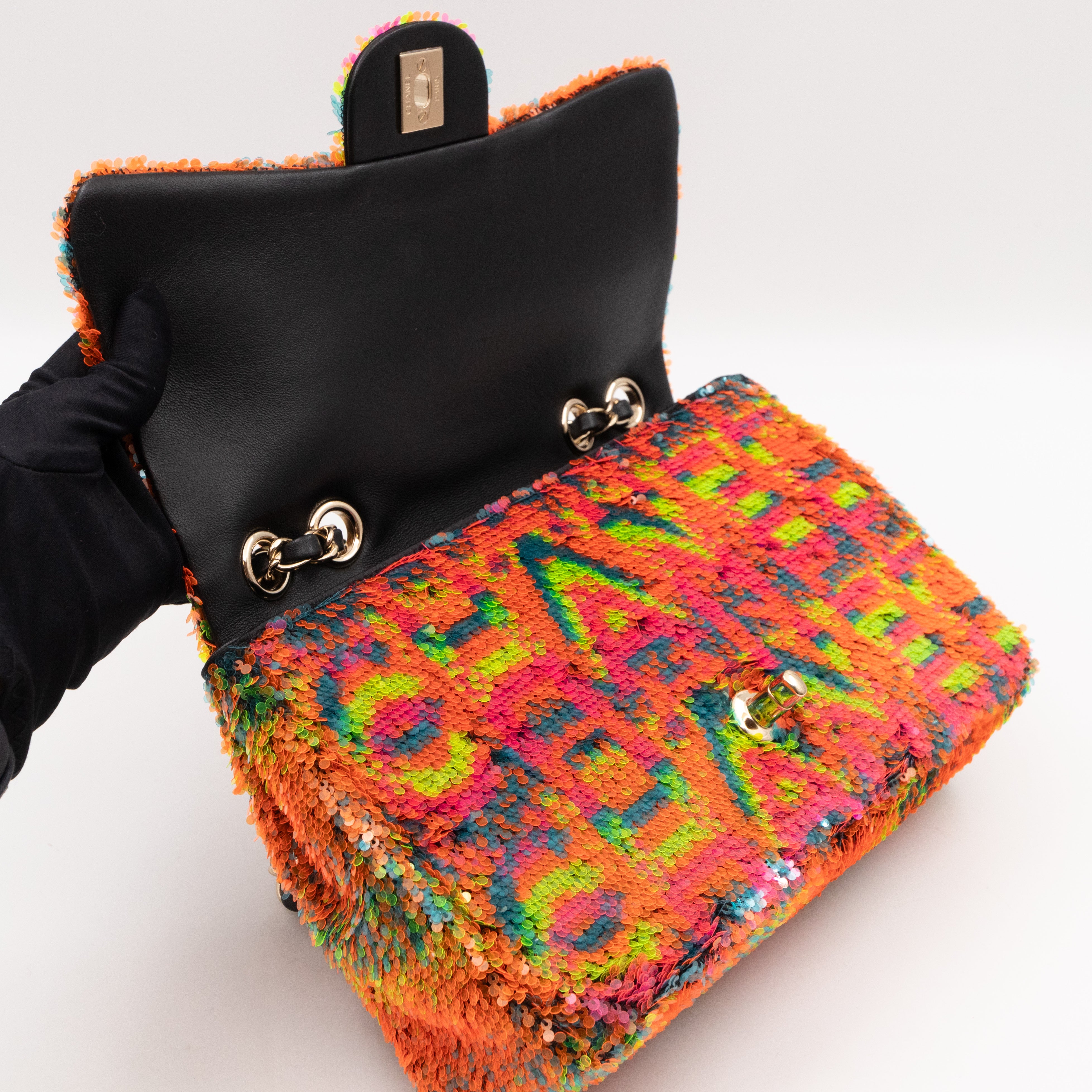 Classic Single Flap Medium Orange Turquoise Pink Sequins