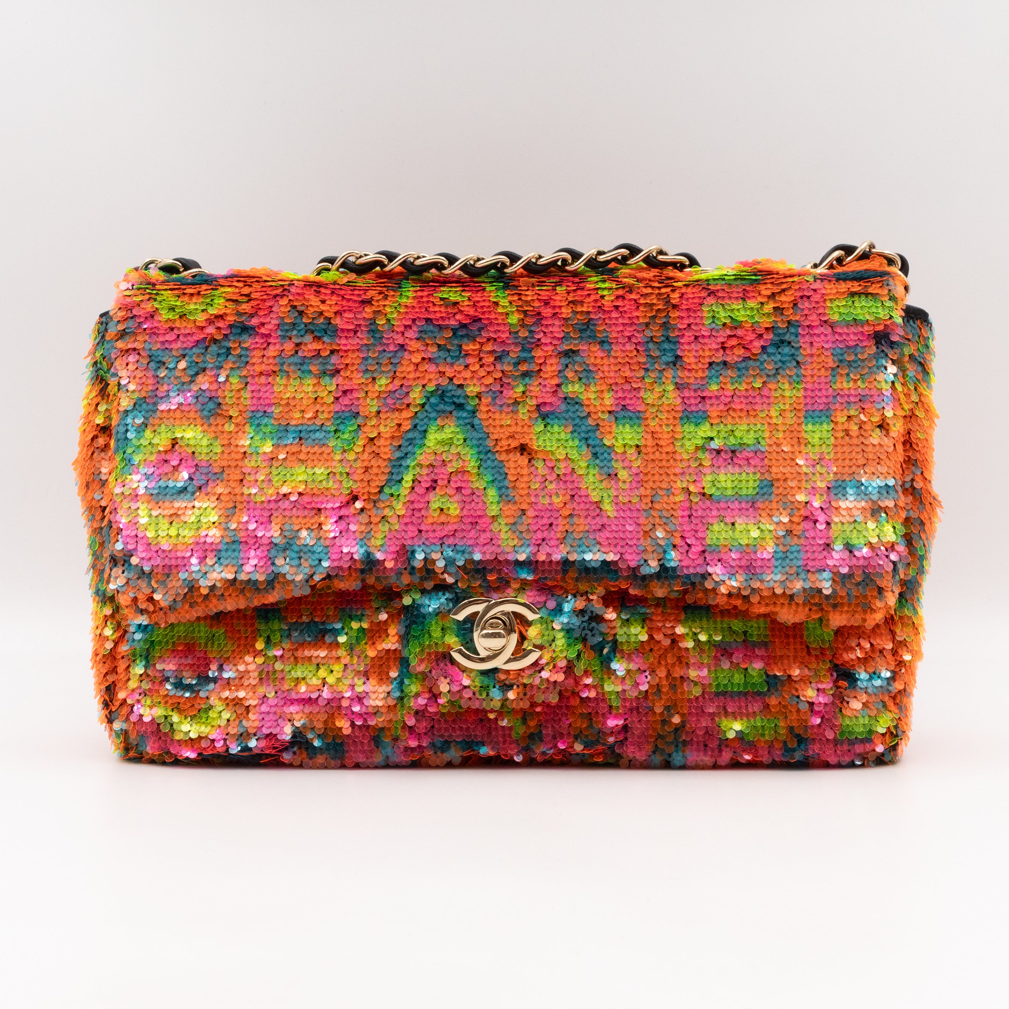 Classic Single Flap Medium Orange Turquoise Pink Sequins