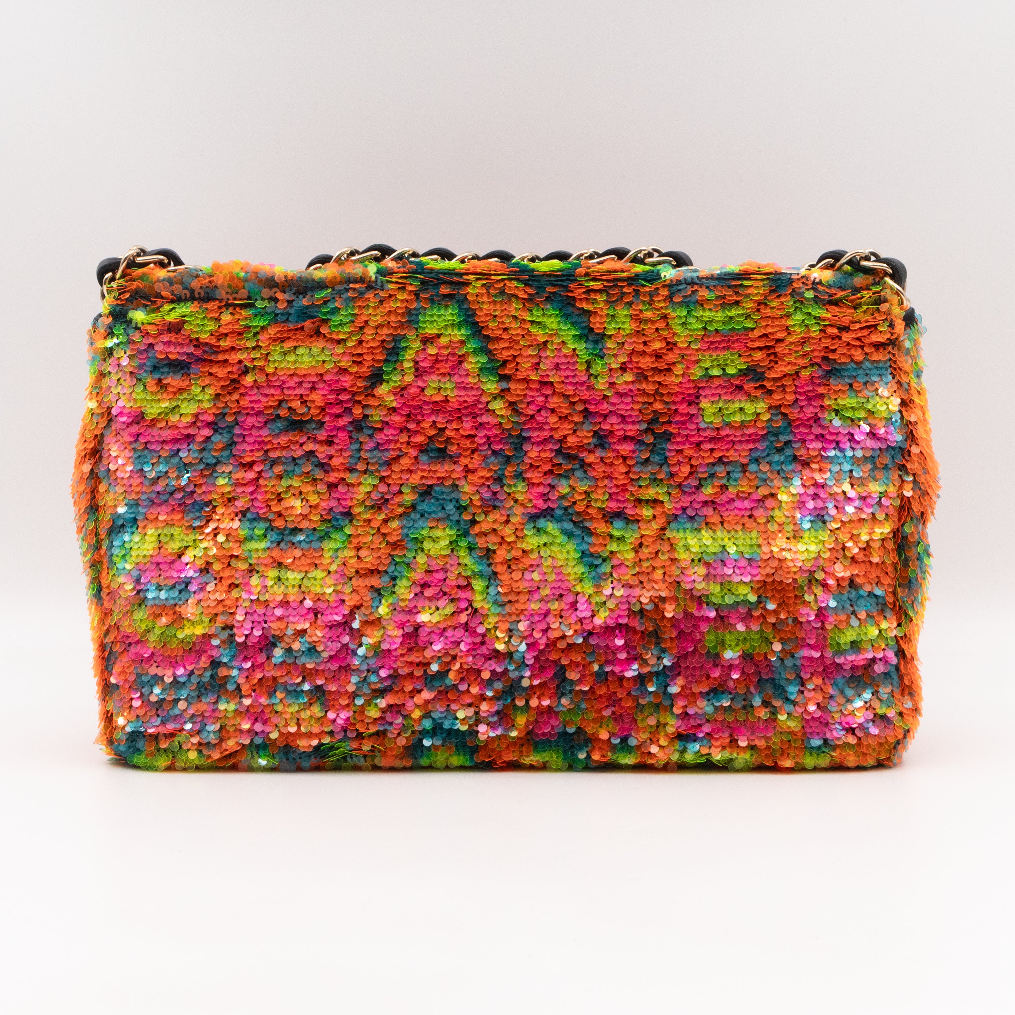 Classic Single Flap Medium Orange Turquoise Pink Sequins