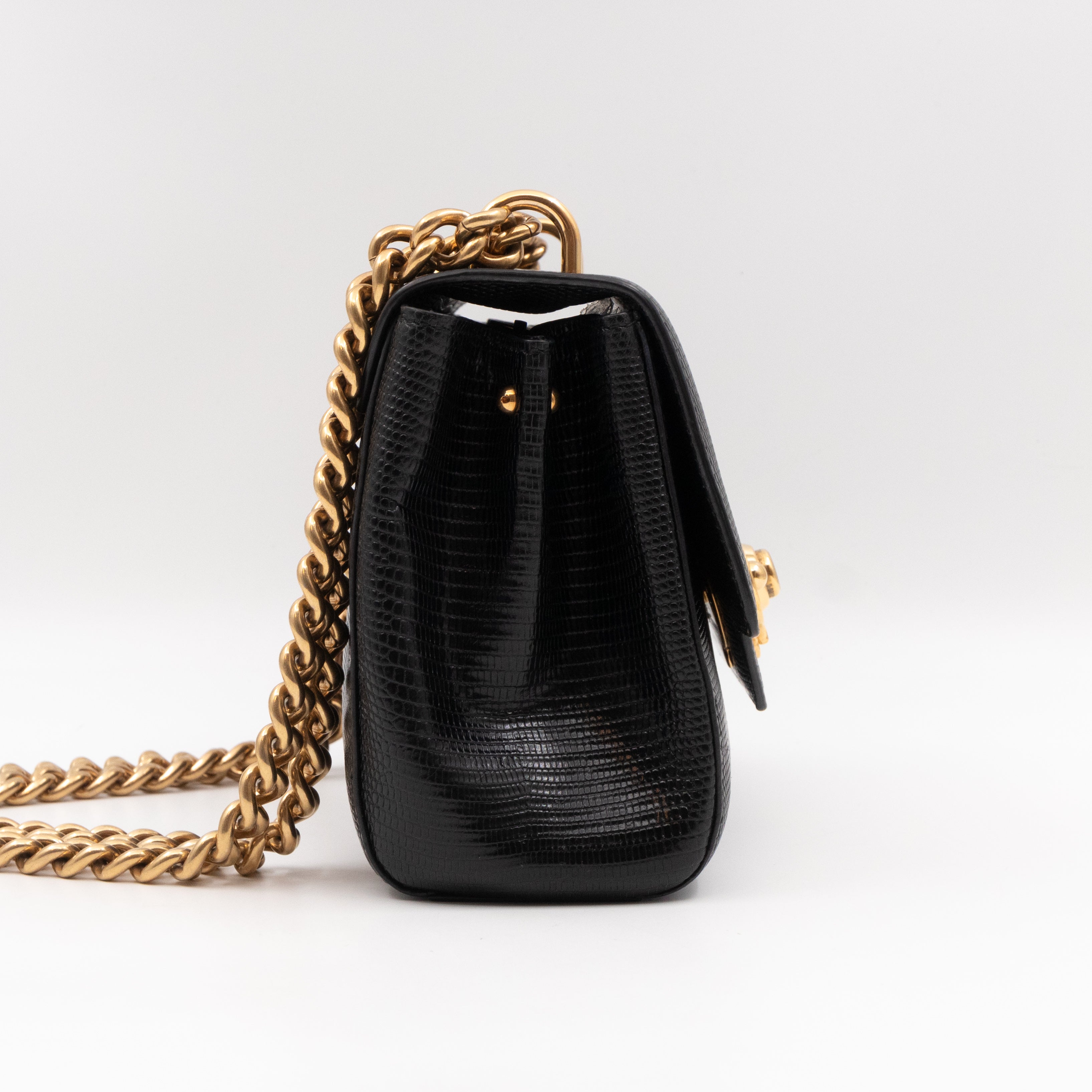Welcome Shoulder Bag Black Lizard Embossed Leather