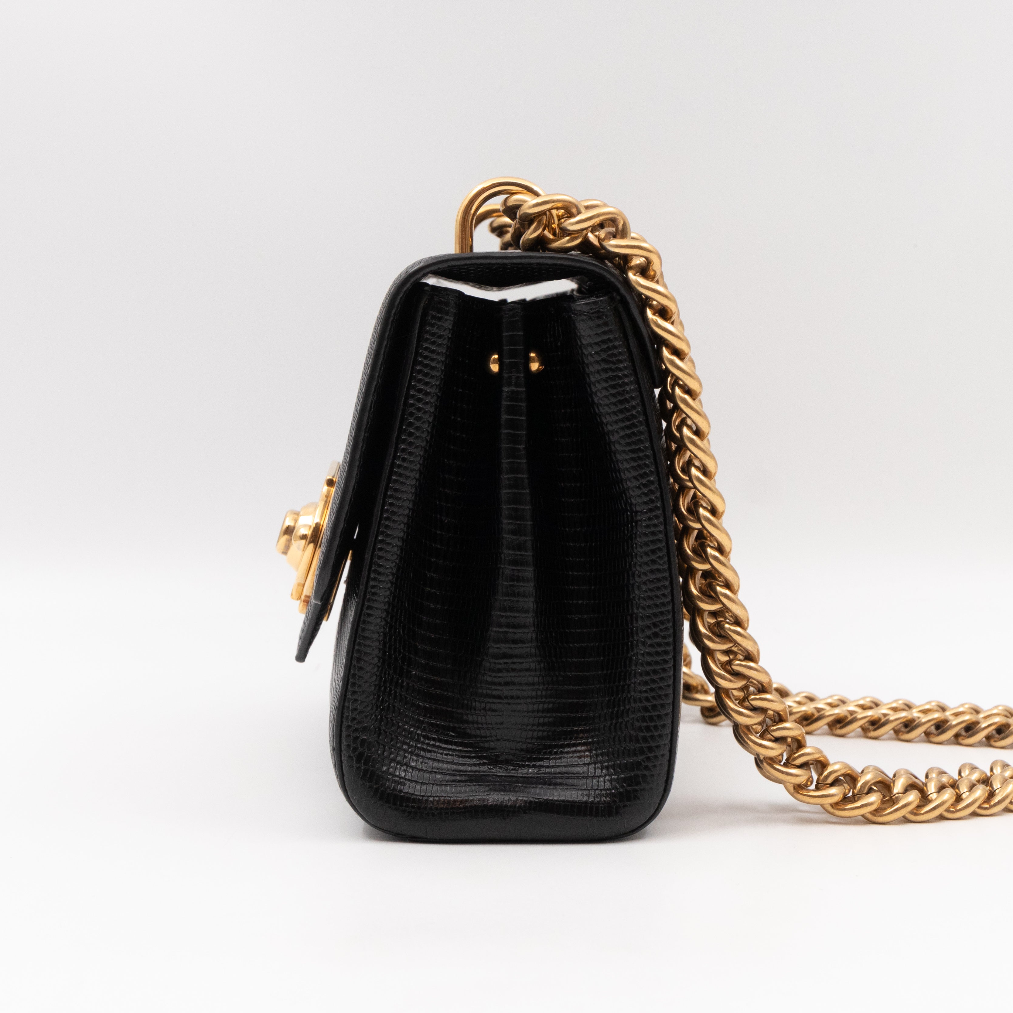 Welcome Shoulder Bag Black Lizard Embossed Leather