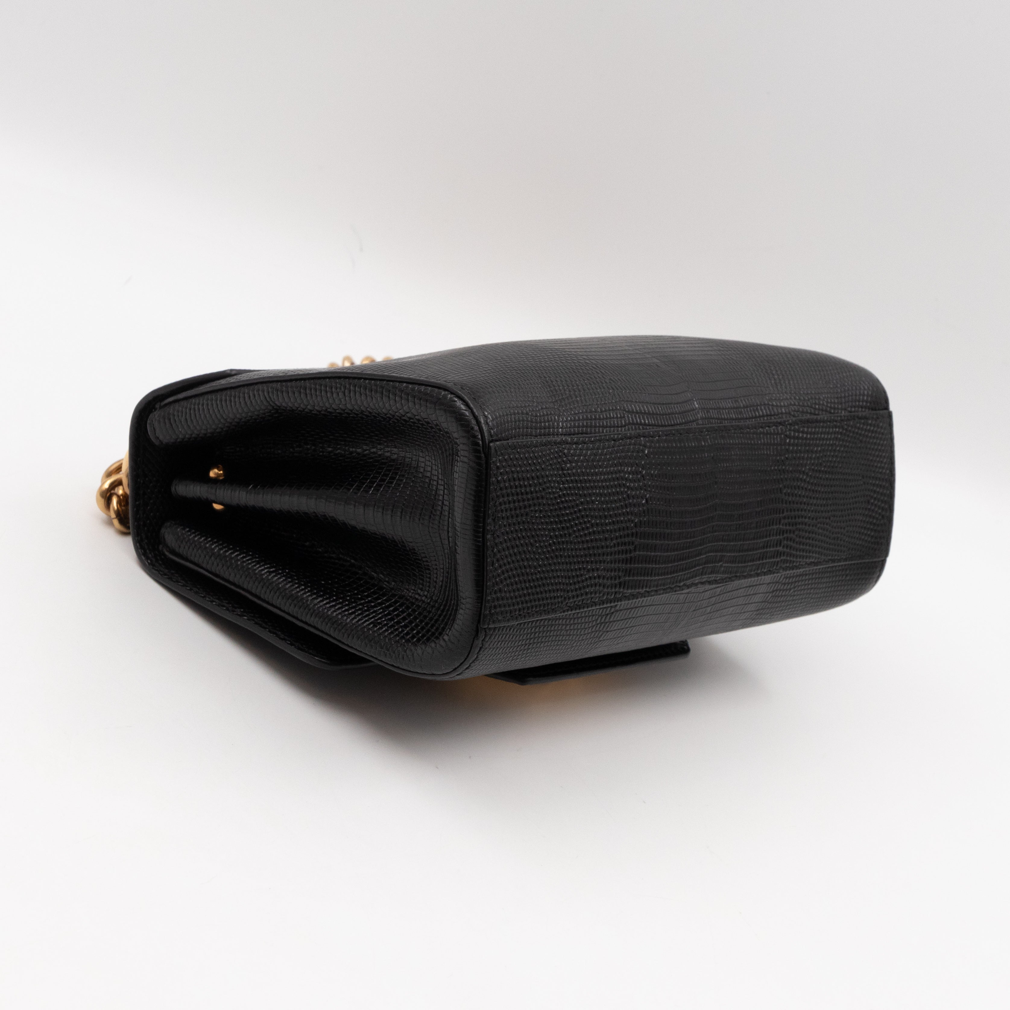 Welcome Shoulder Bag Black Lizard Embossed Leather