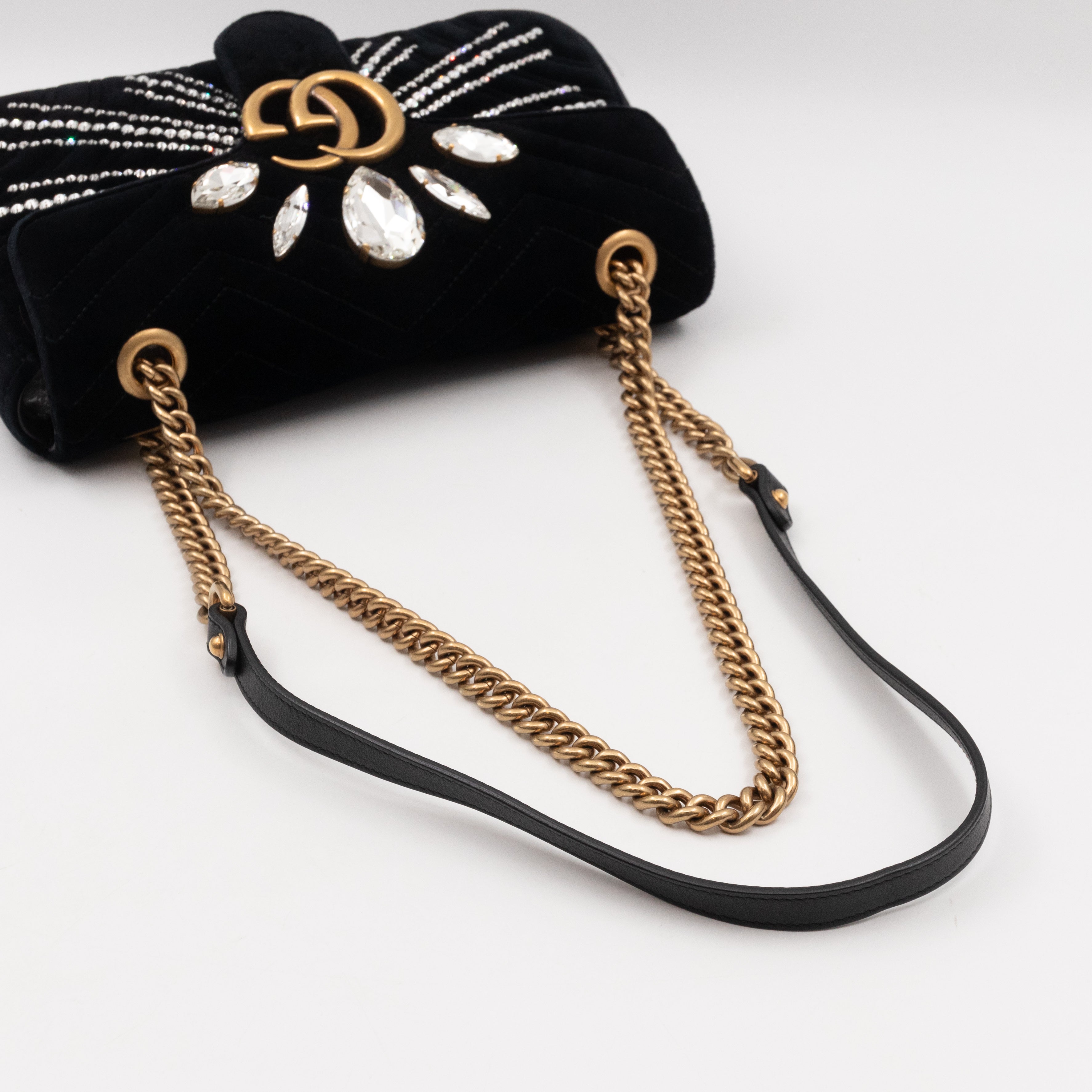 GG Marmont Small Flap Bag Black Velvet Crystals