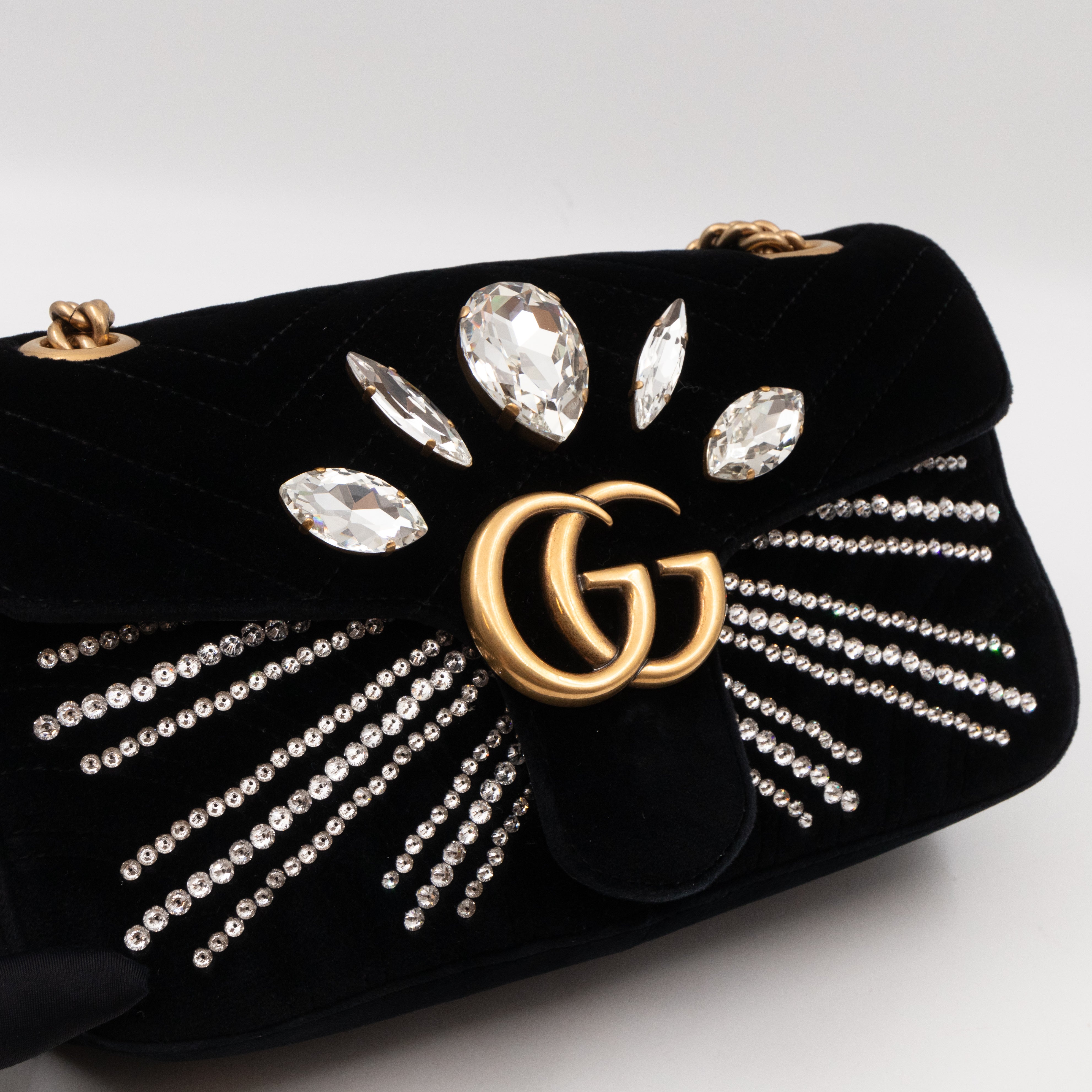 GG Marmont Small Flap Bag Black Velvet Crystals