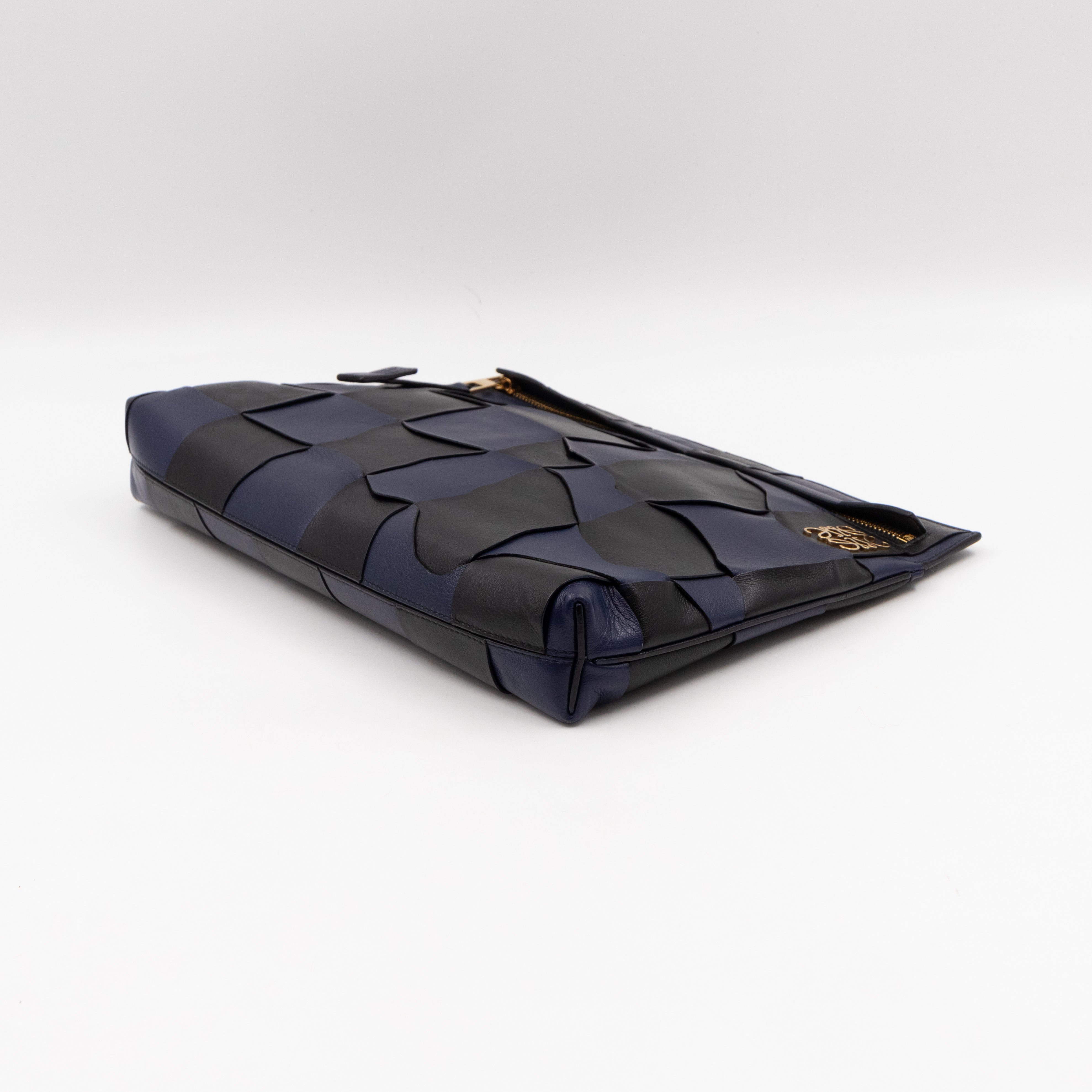 T Pouch Clutch Black & Navy Blue Woven Leather
