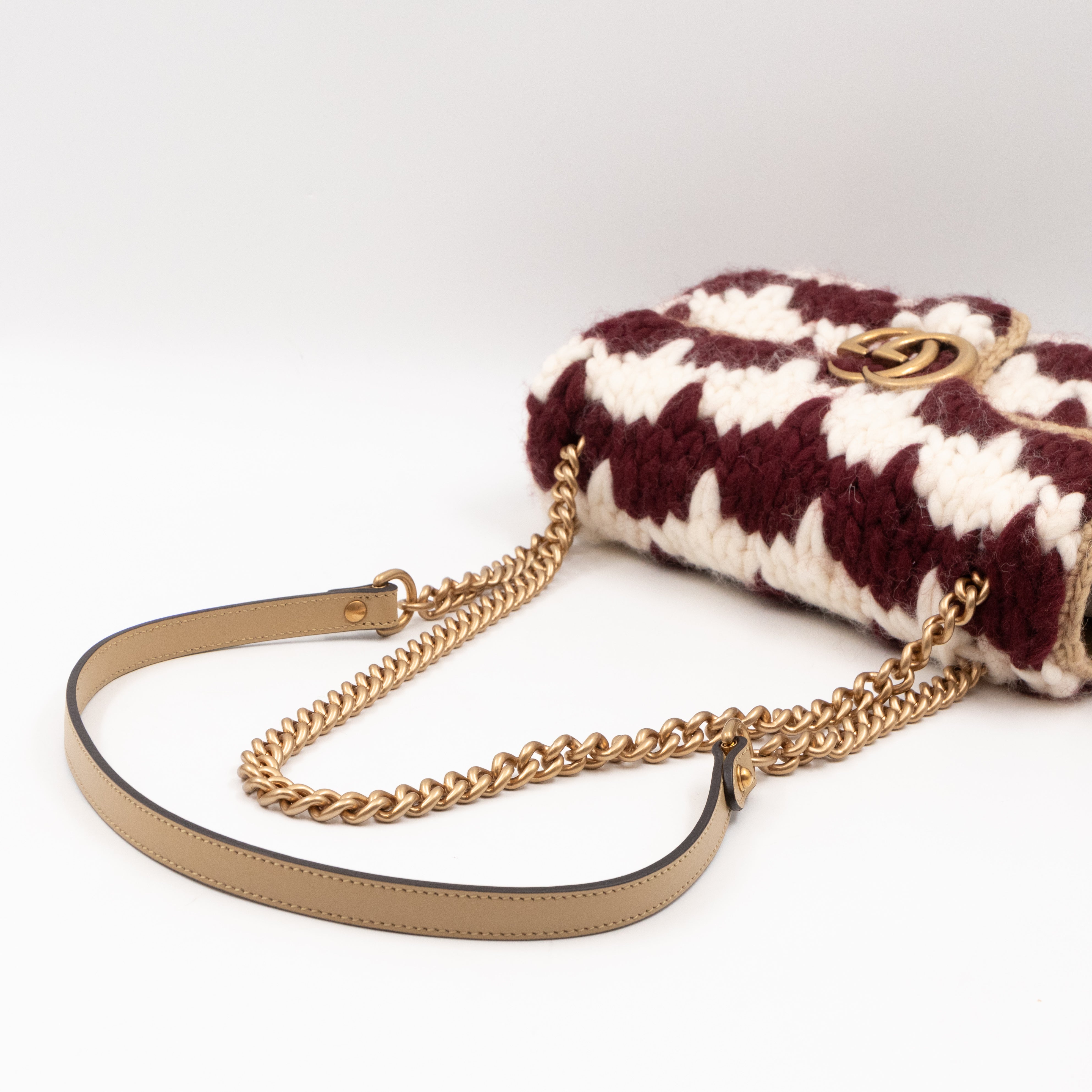 GG Marmont Small Houndstooth Crochet White and Bordeaux