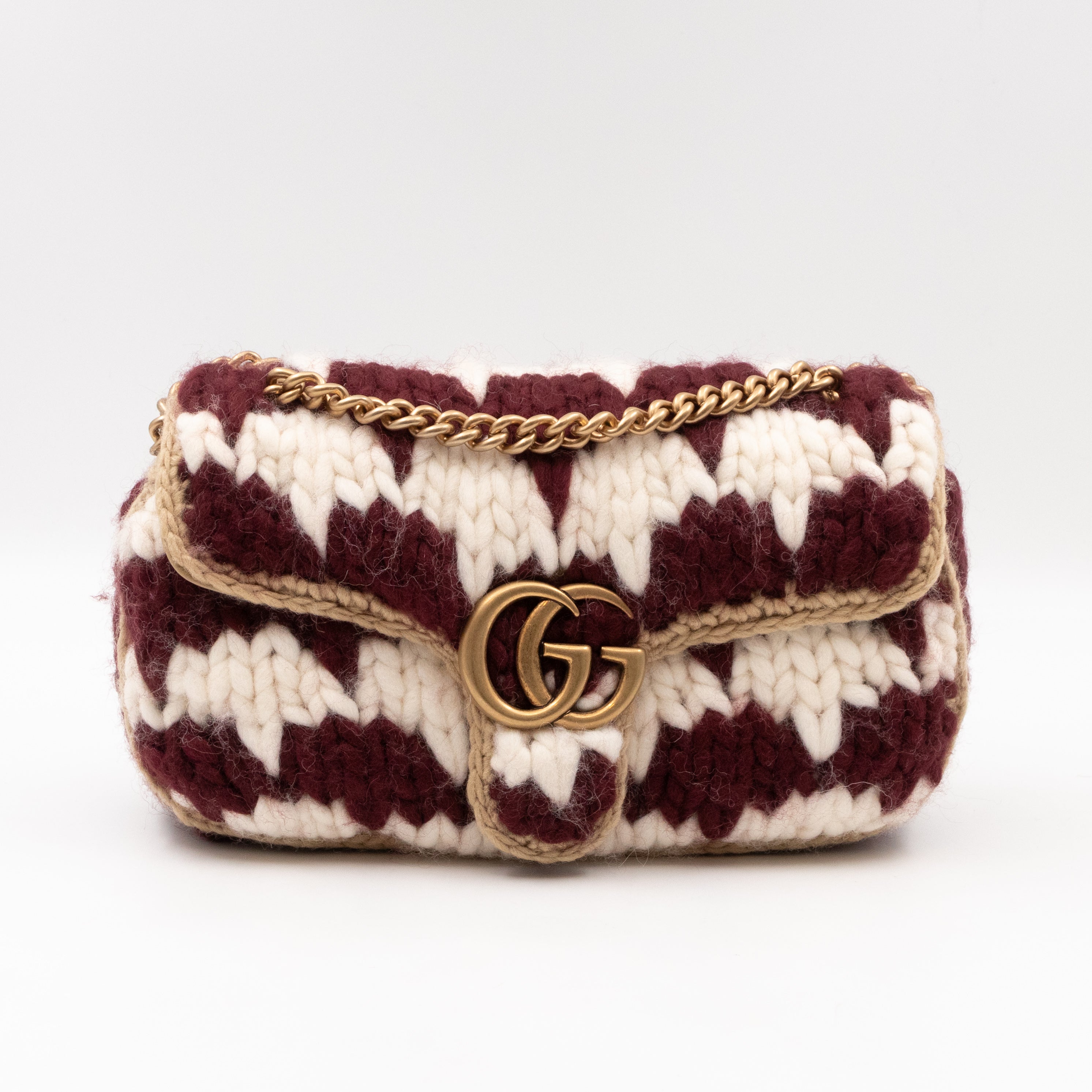 GG Marmont Small Houndstooth Crochet White and Bordeaux