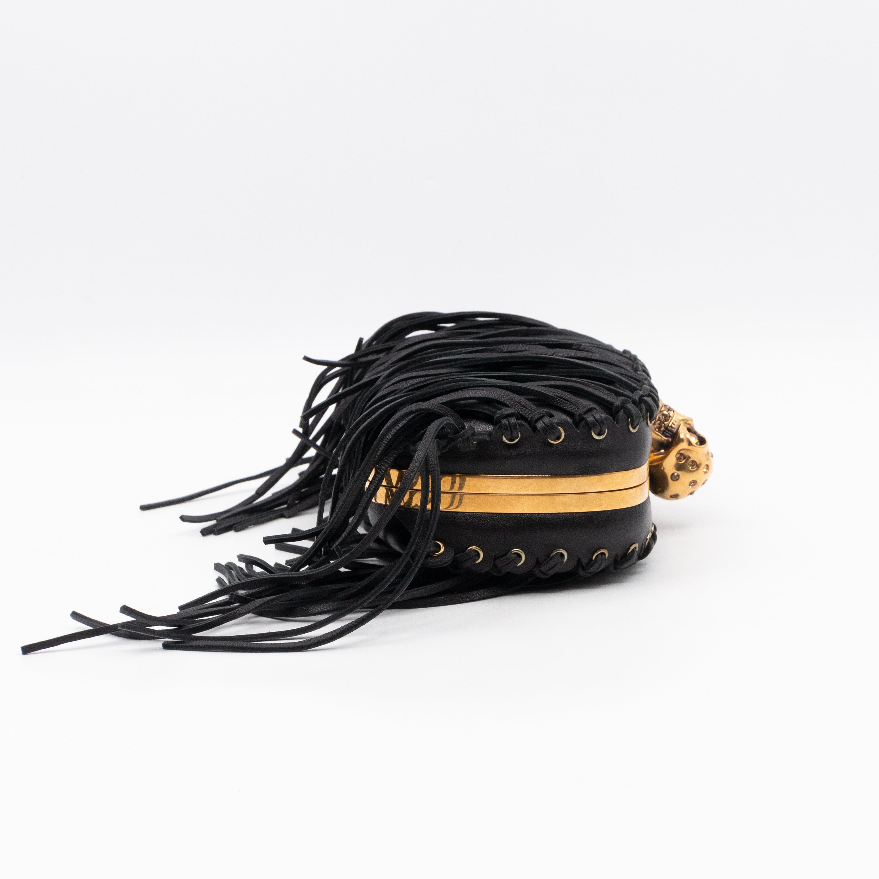 Skull Box Clutch Black Fringes Leather