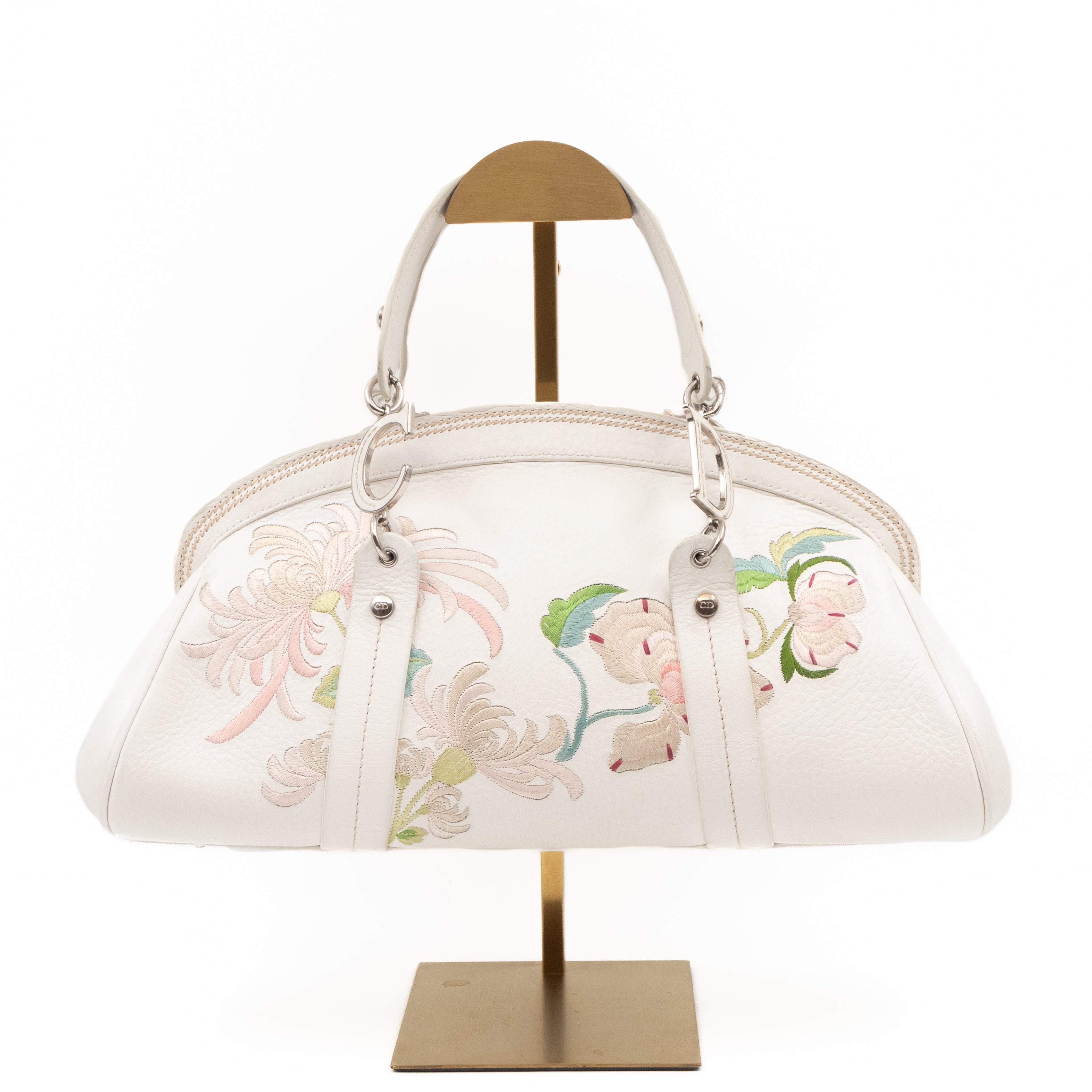 Vintage Flowers Frame Satchel White Grained Calfskin