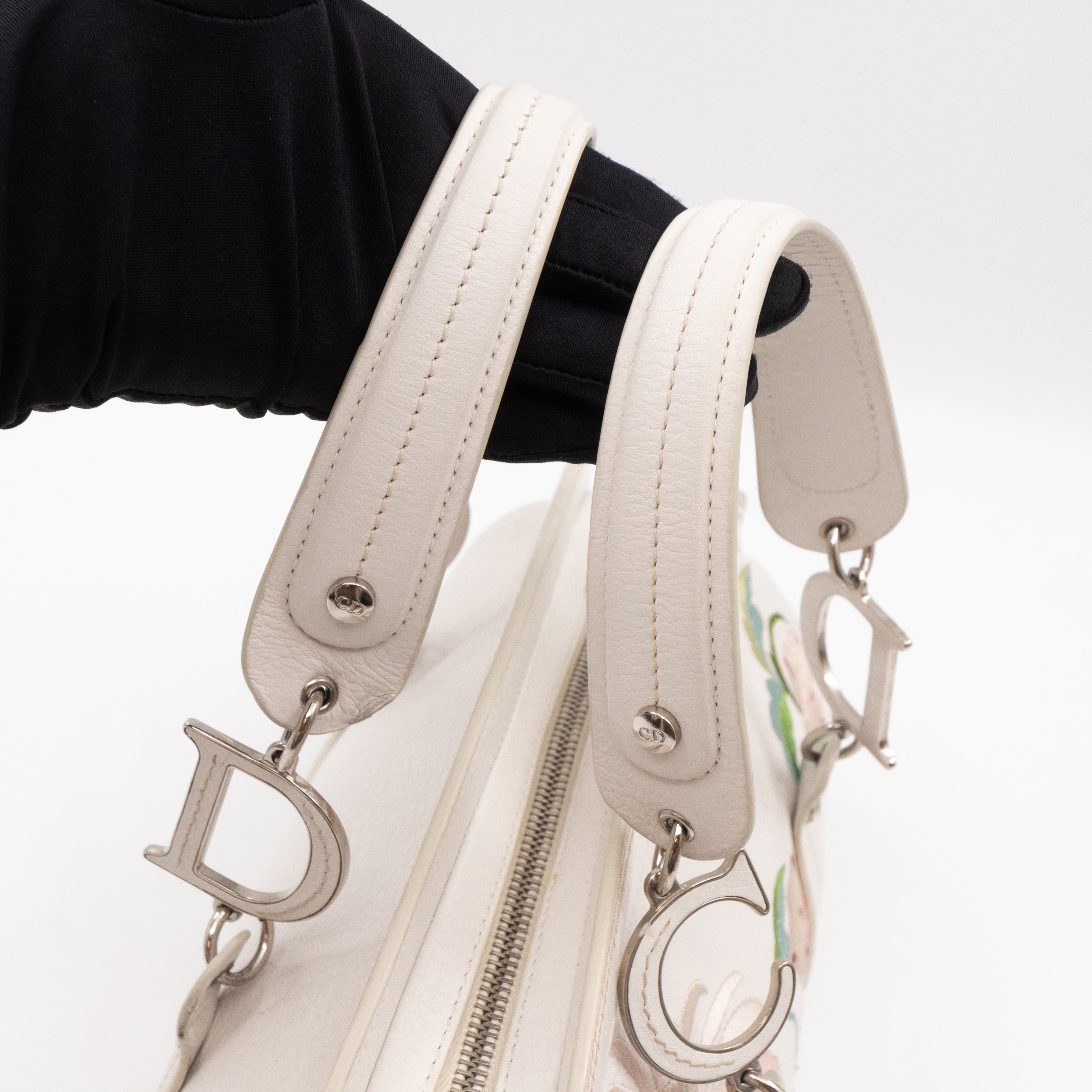 Vintage Flowers Frame Satchel White Grained Calfskin