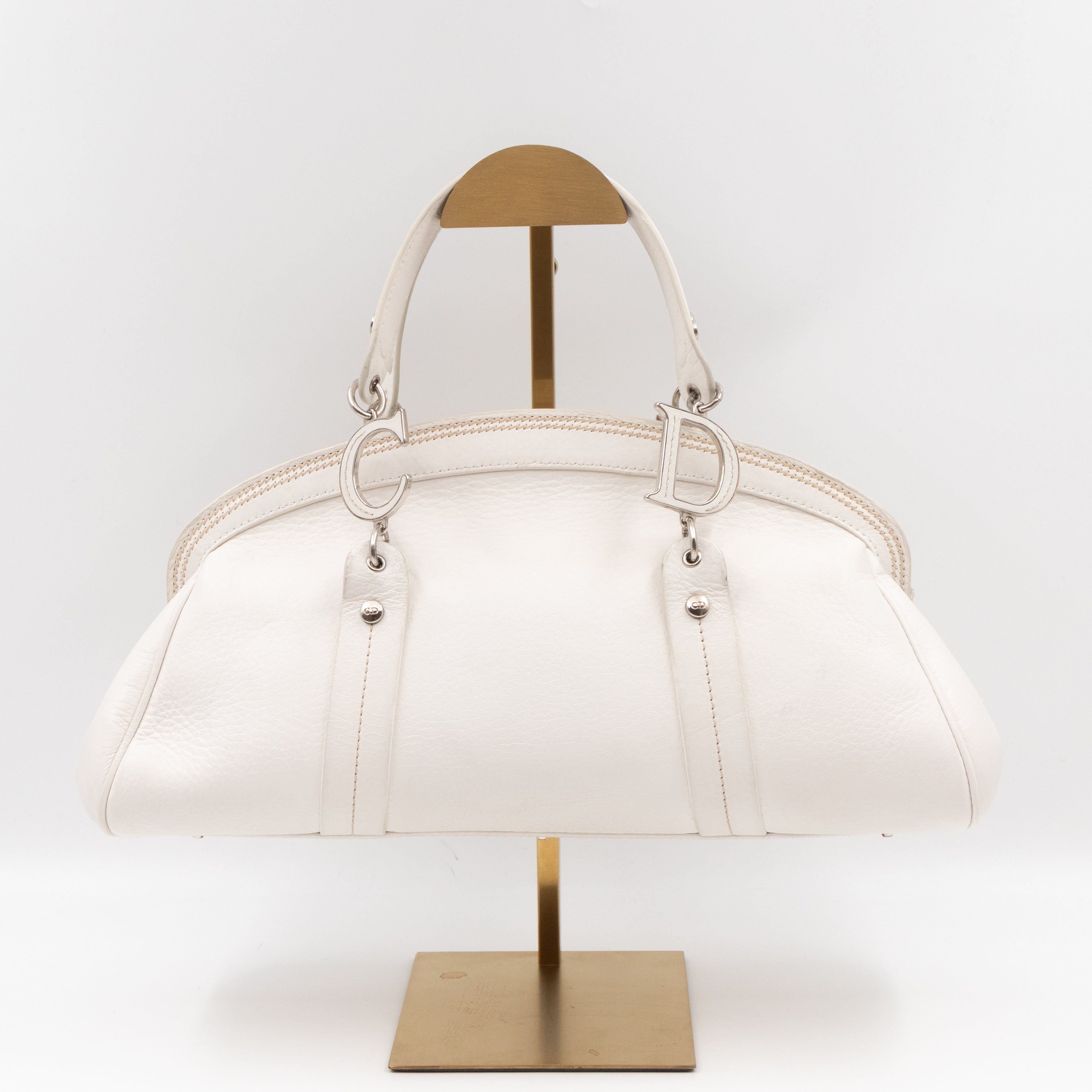 Vintage Flowers Frame Satchel White Grained Calfskin