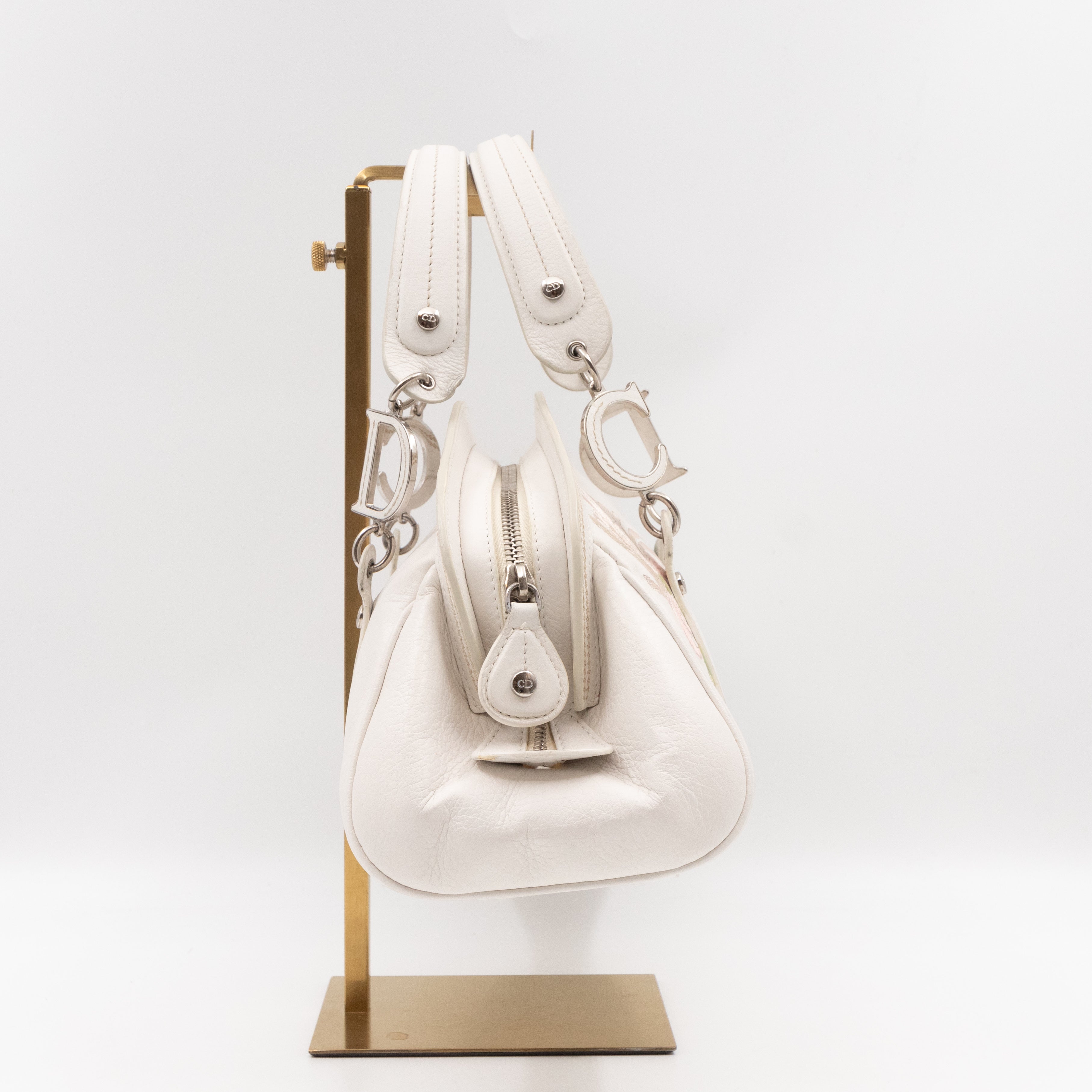 Vintage Flowers Frame Satchel White Grained Calfskin