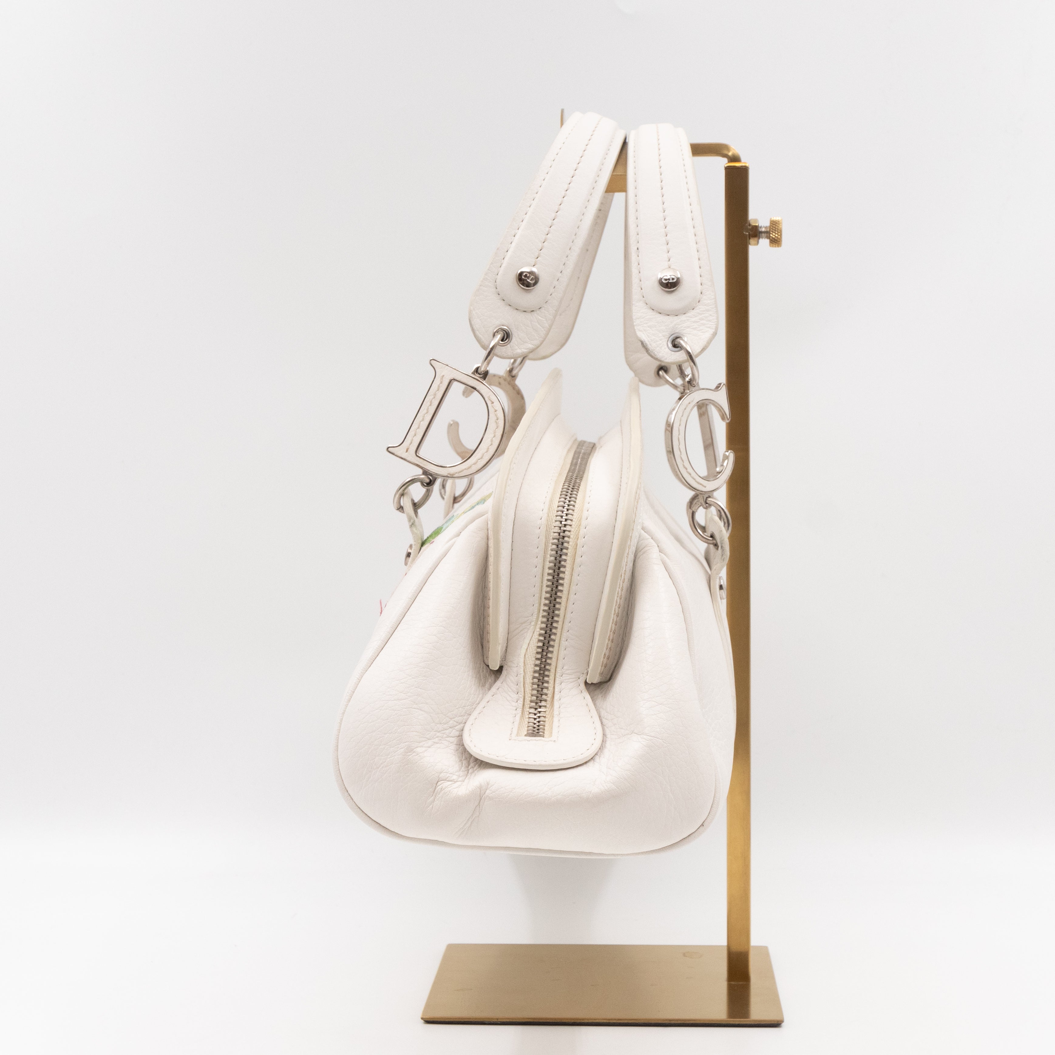 Vintage Flowers Frame Satchel White Grained Calfskin