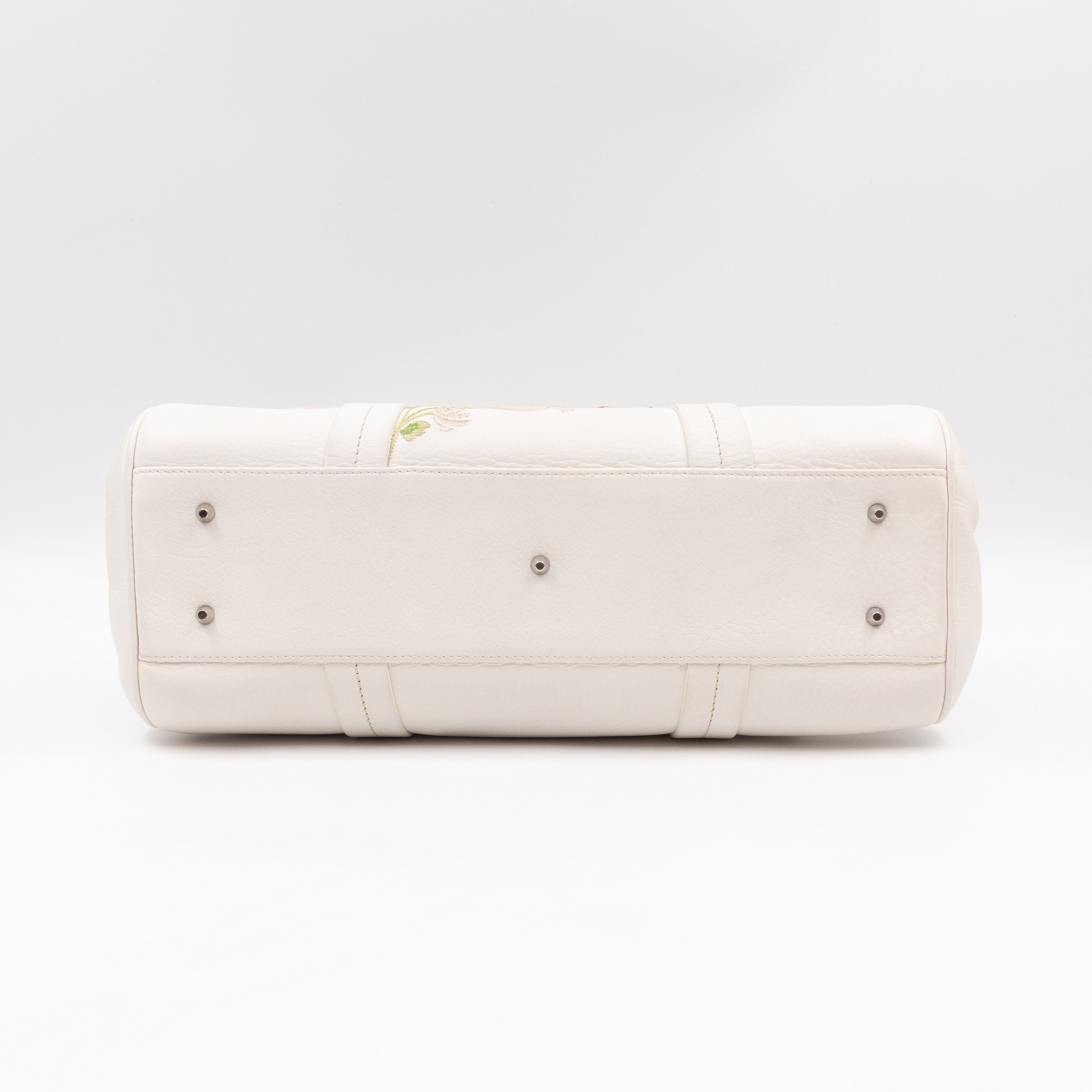 Vintage Flowers Frame Satchel White Grained Calfskin