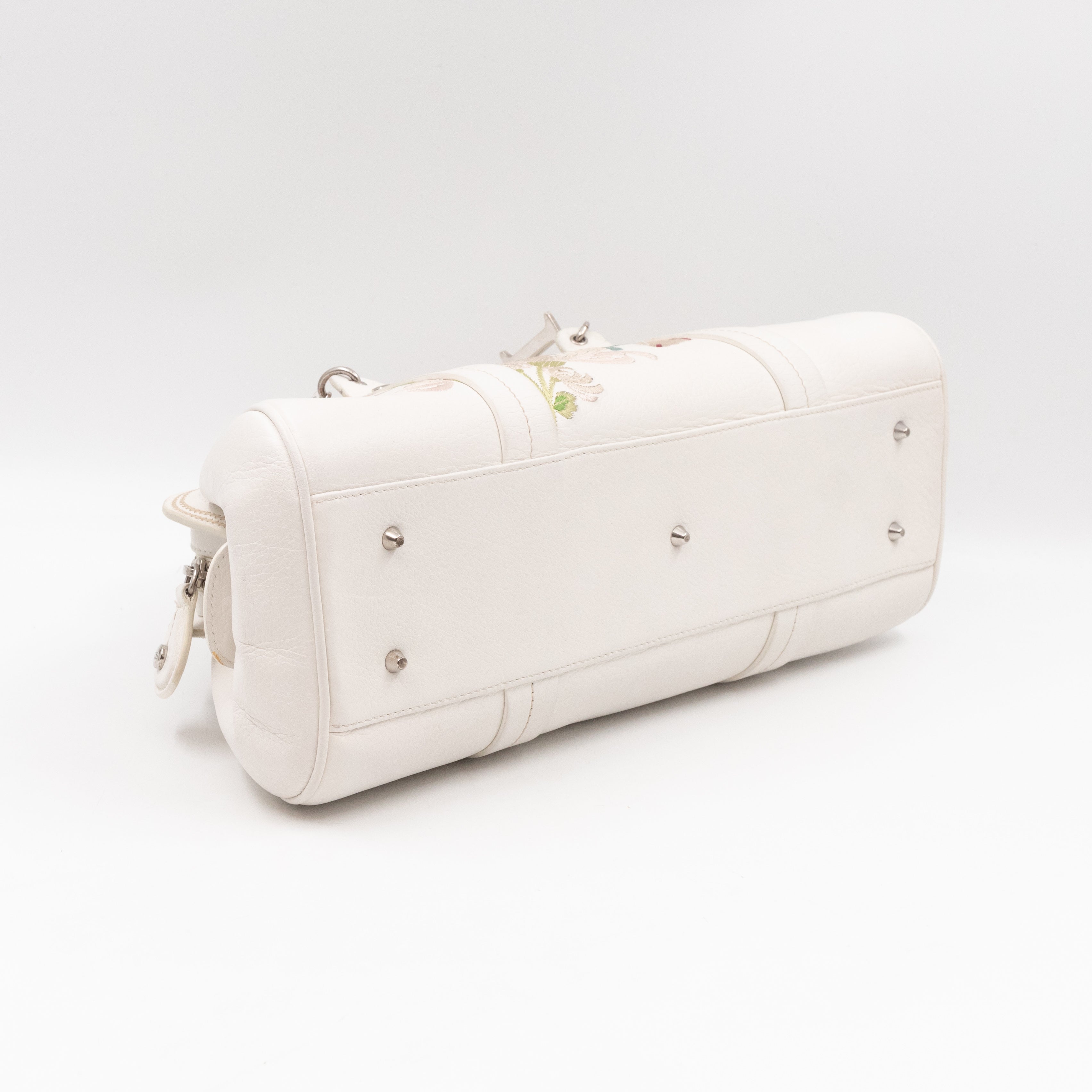 Vintage Flowers Frame Satchel White Grained Calfskin