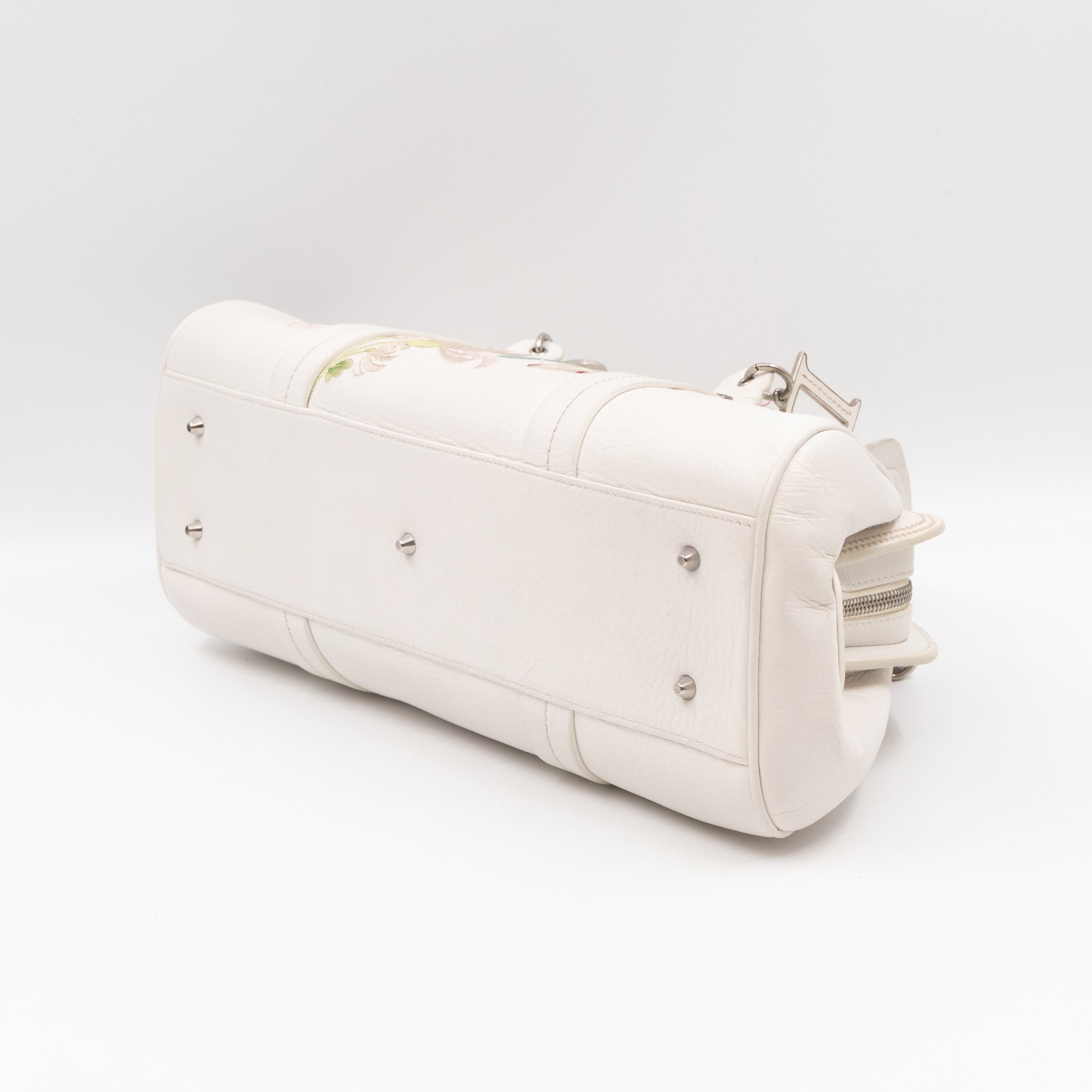 Vintage Flowers Frame Satchel White Grained Calfskin