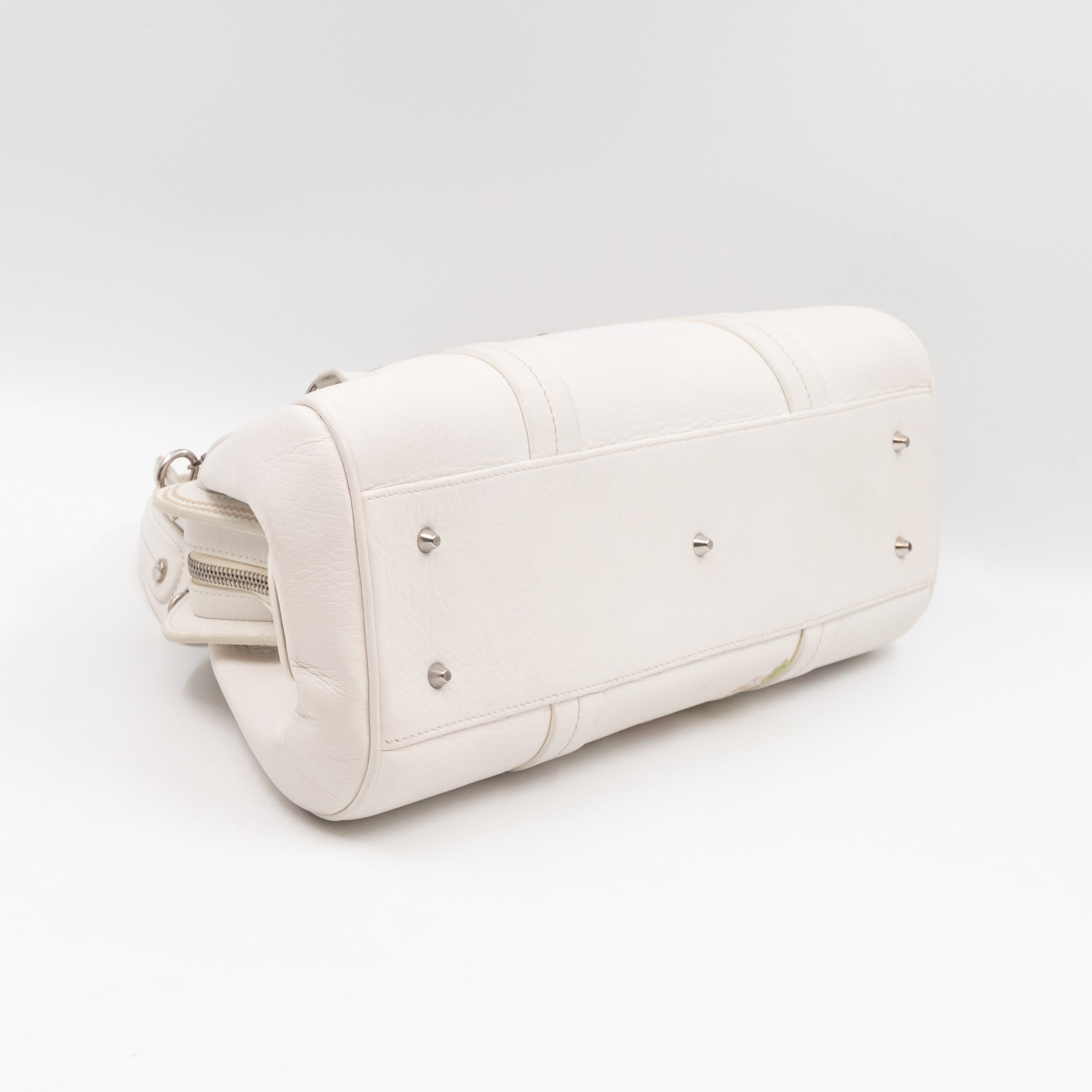 Vintage Flowers Frame Satchel White Grained Calfskin