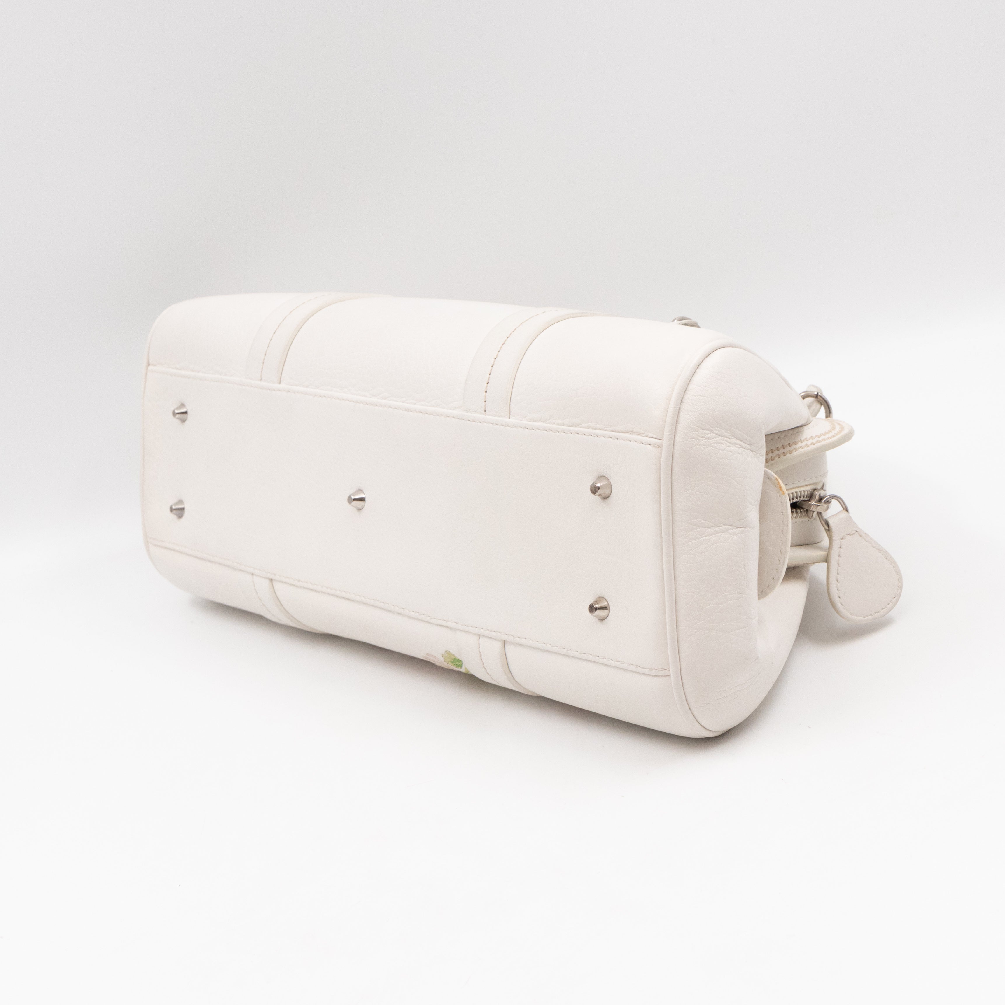 Vintage Flowers Frame Satchel White Grained Calfskin