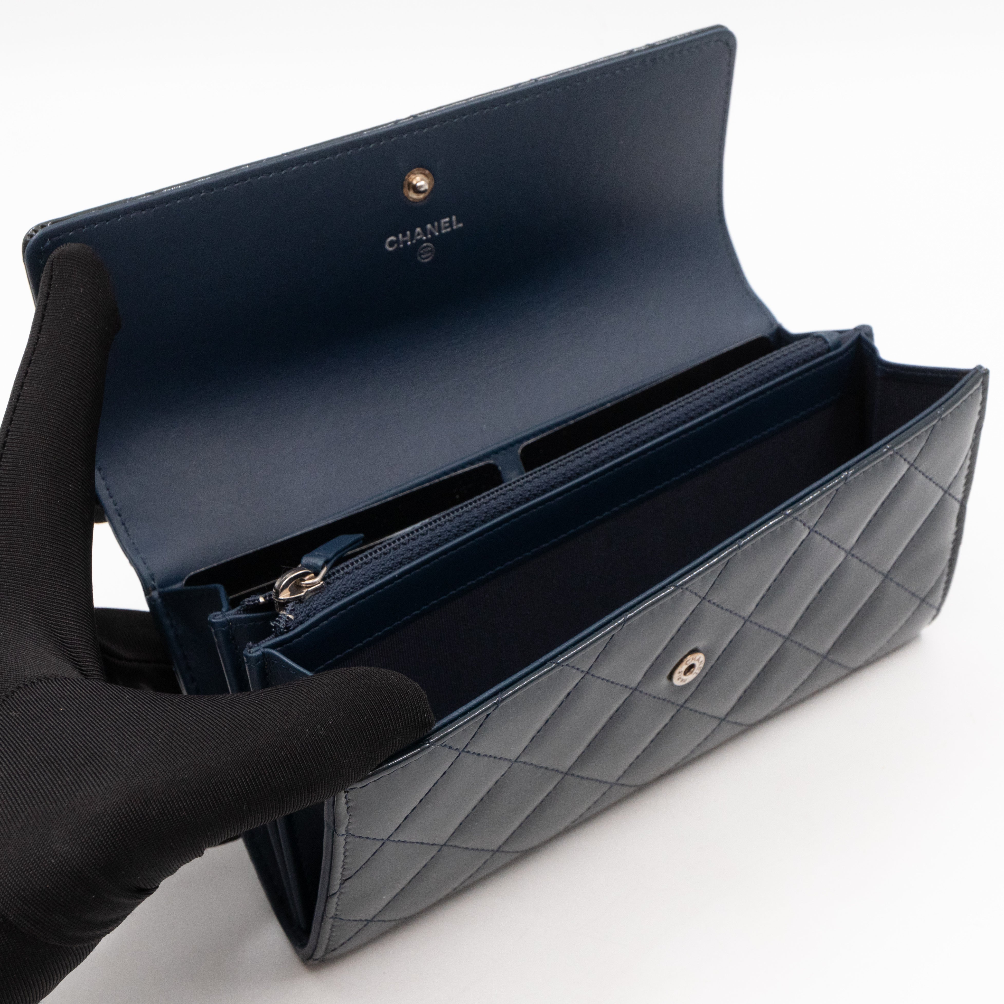 Large Flap Wallet Quilted Navy Patent Leather