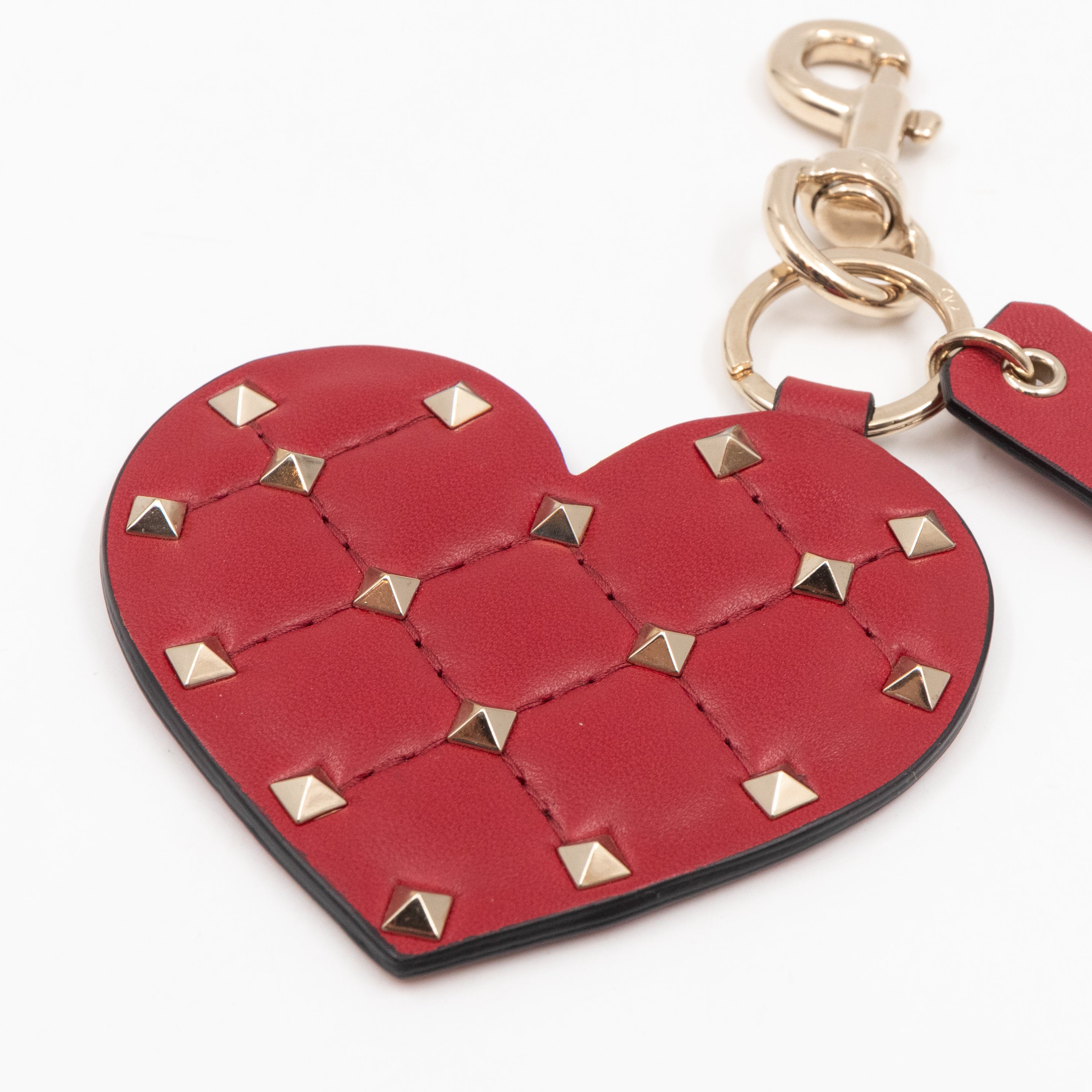 Heart Studs Charm Keychain Red Leather