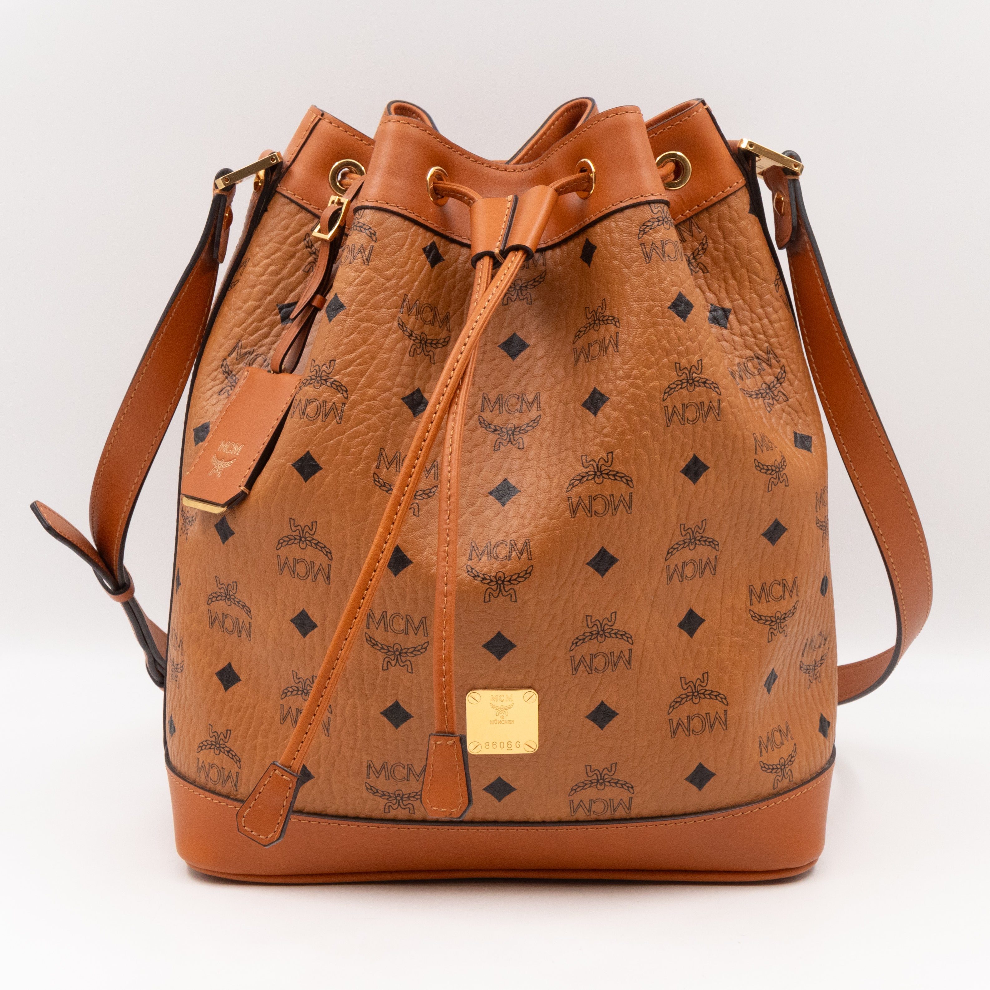 Heritage Petit Drawstring Bucket Bag Visetos Cognac