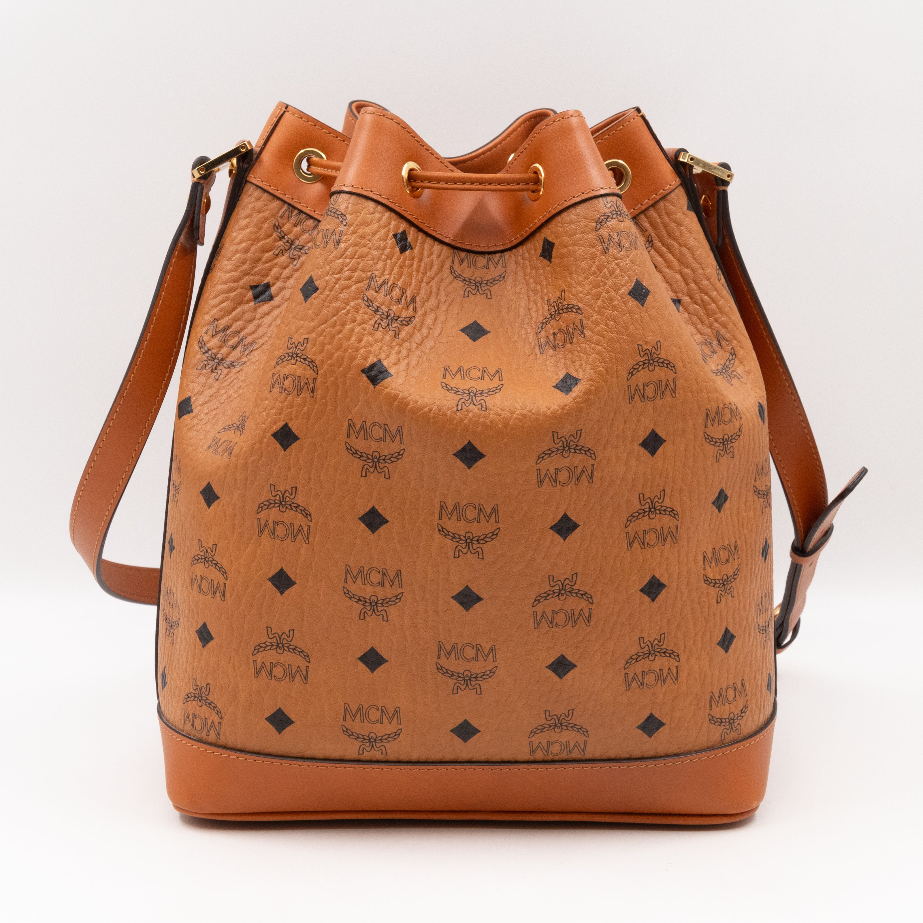 Heritage Petit Drawstring Bucket Bag Visetos Cognac