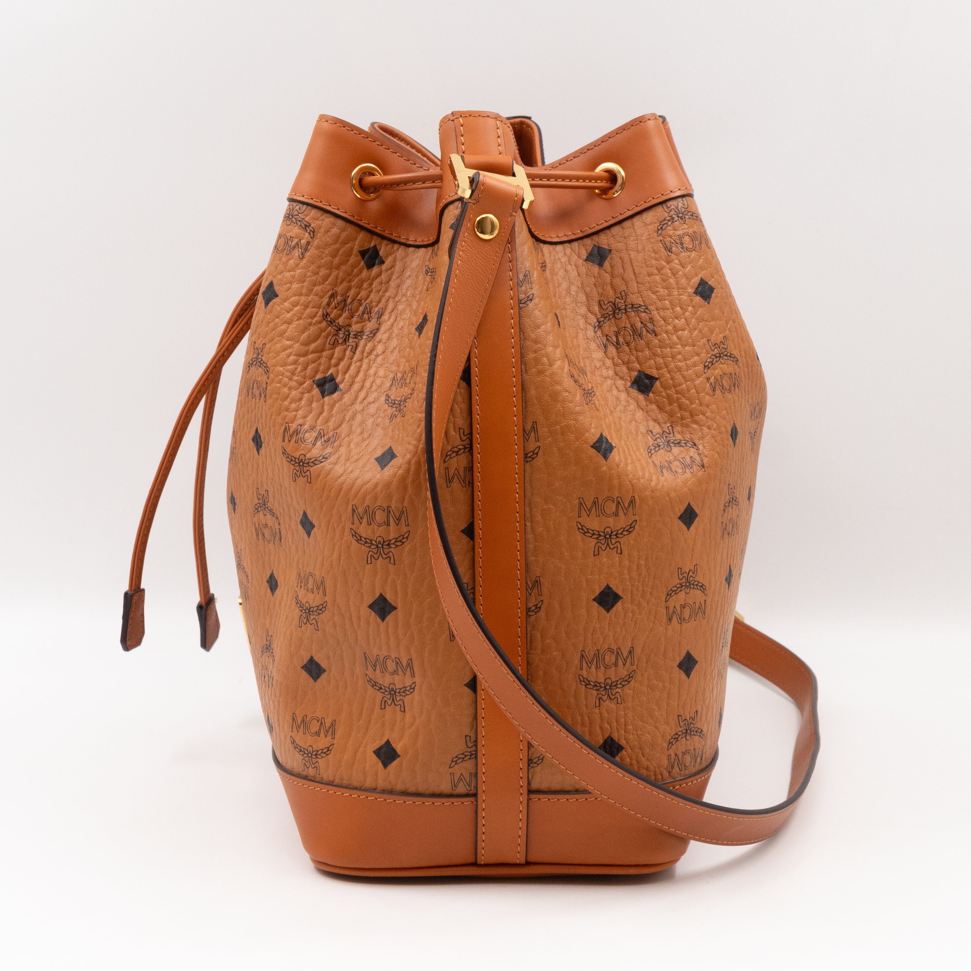 Heritage Petit Drawstring Bucket Bag Visetos Cognac